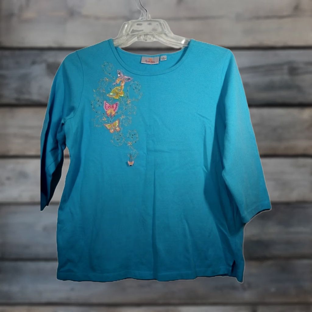 Quacker Factory Blouse Women L Blue Embellished Embroidered Round Neck 3/4 Sleeve Top, Women's