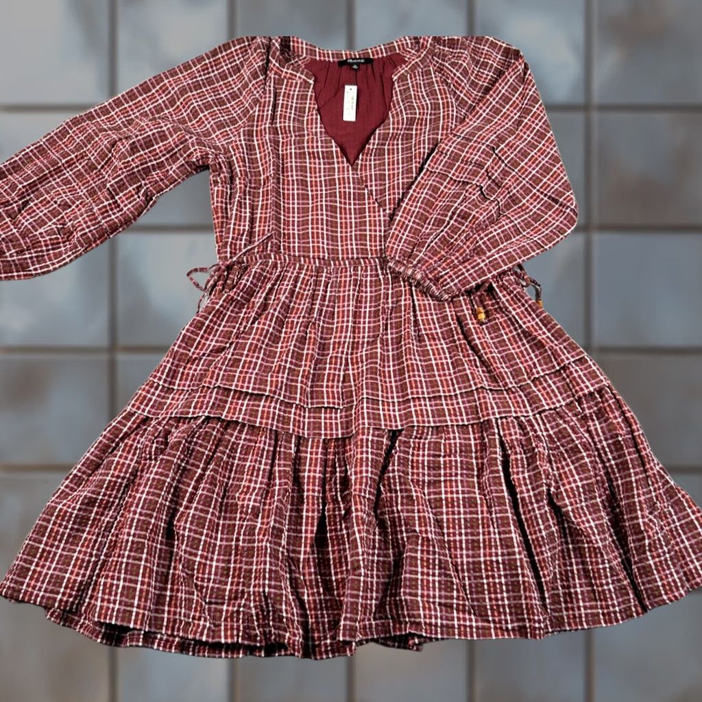 Madewell Madewell Shirt Womens XS Red Mini Plaid Seersucker Wrap Dress Ruffel Comfy Pleated NWT Size XS / US 0-2 / IT 36-38 - 1 Thumbnail