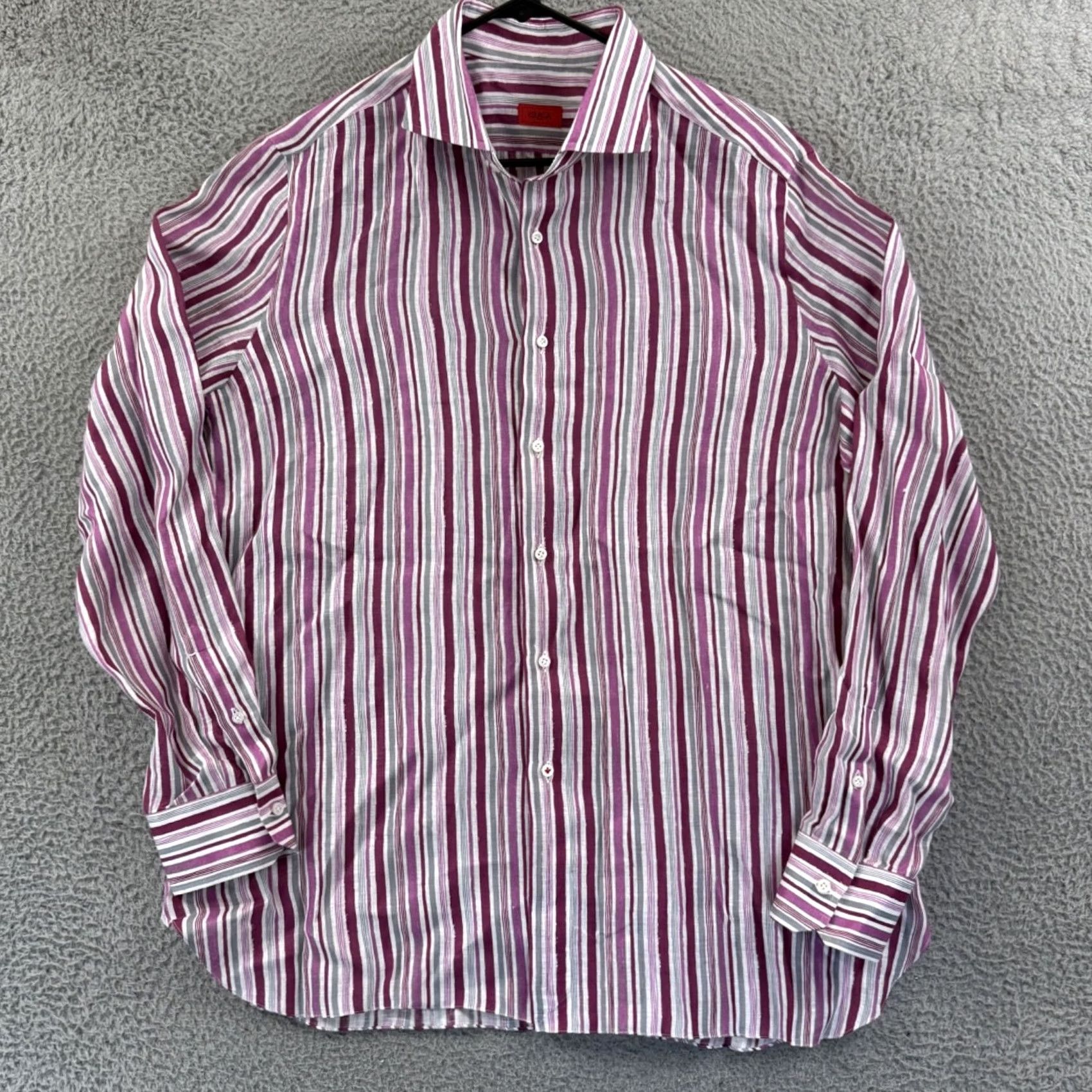 Isaia Isaia Shirt Mens 17.5 Pink Striped Linen Long Sleeve Collared Dress Button Preppy Shirt Men XL 2XL Vintage: No Size 48R - 2 Thumbnail