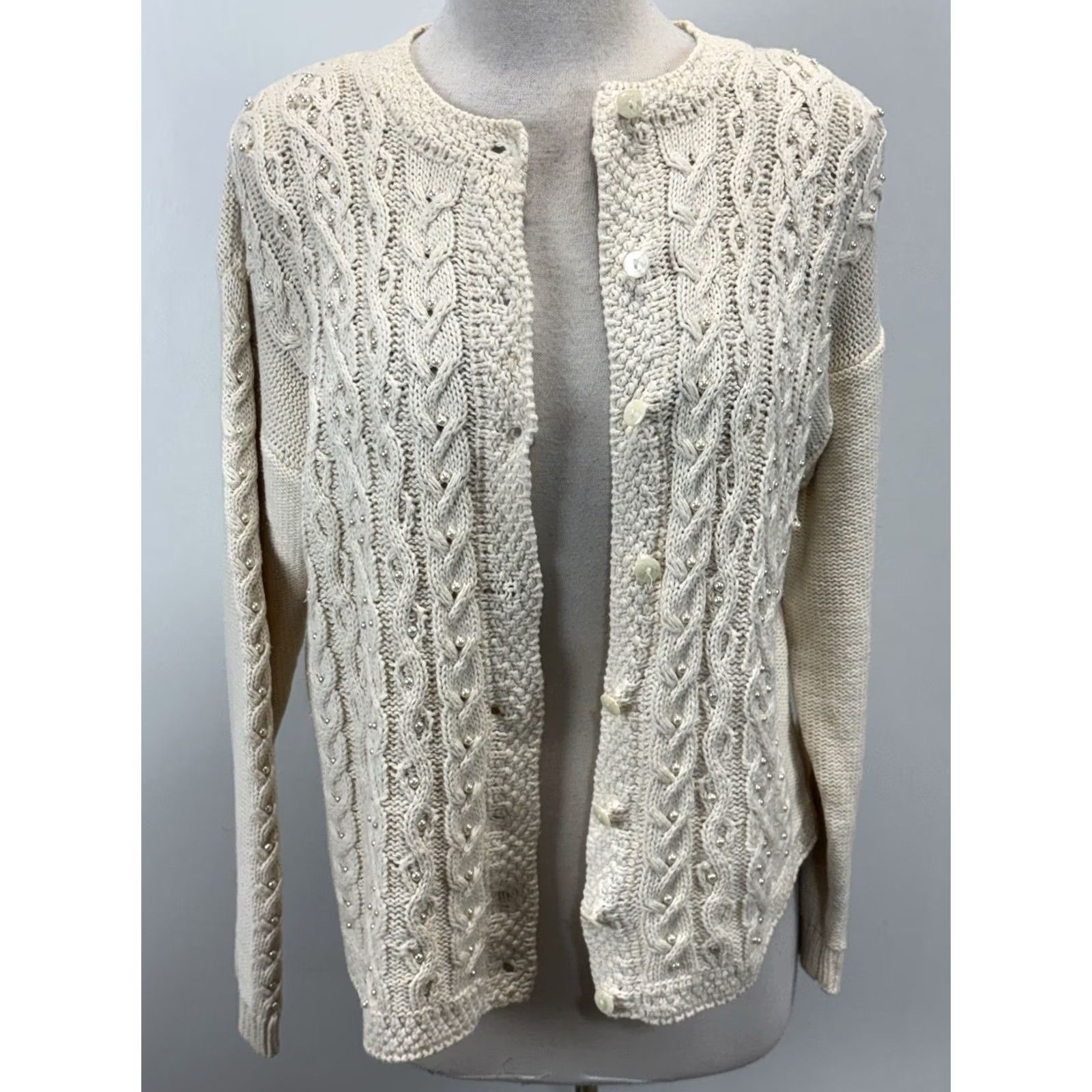 Vintage VINTAGE Rosanna Sweater Cardigan Women’s L Ivory Faux Pearls Cottage Core Cableknit Vtg Size L / US 10 / IT 46 - 2 Thumbnail