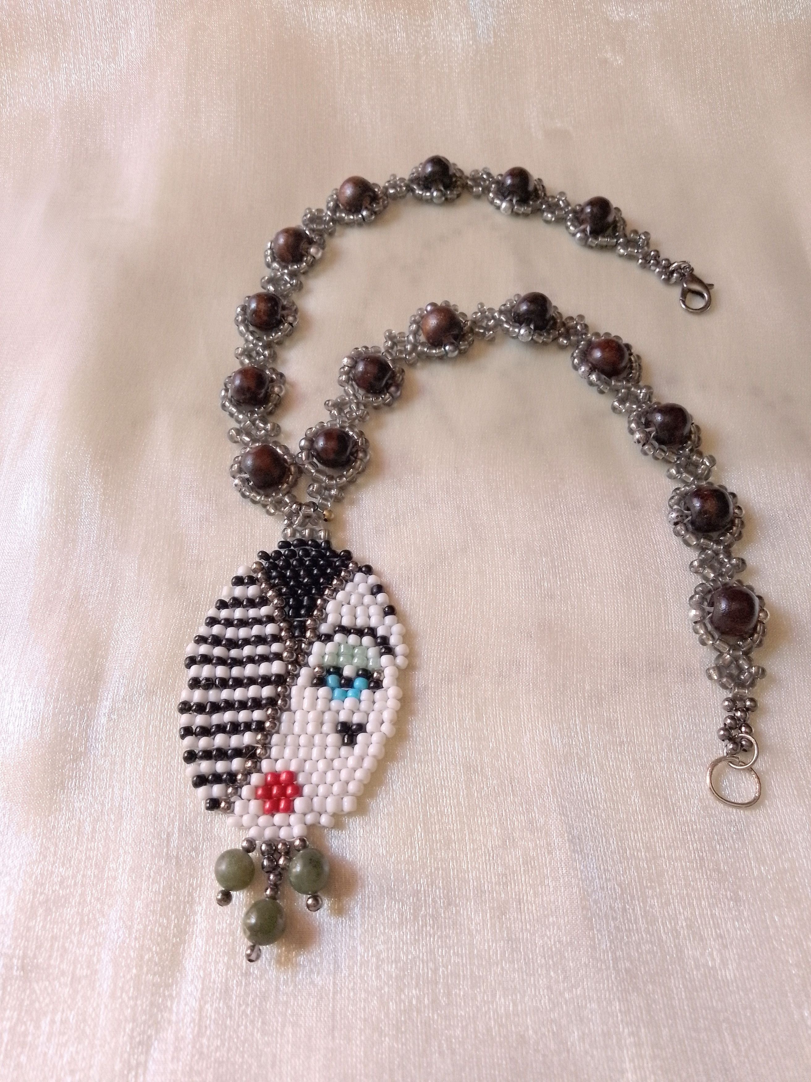 Handmade Boho necklace in wood pendant with natural jade gemstones Size ONE SIZE - 3 Thumbnail