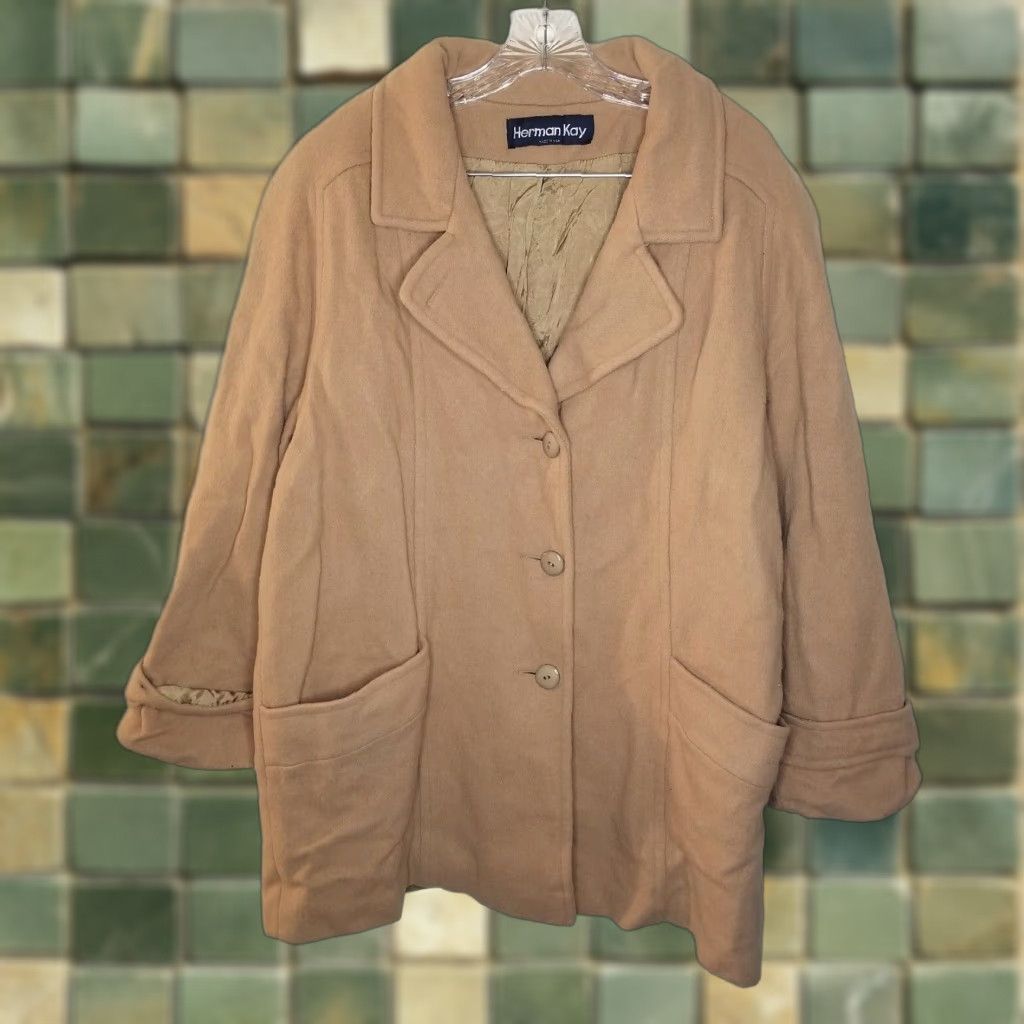 Vintage VINTAGE Herman Kay Pea Coat Jacket Beige Long Womens L USA 90s Wool Blend Coat Size L / US 10 / IT 46 - 1 Thumbnail