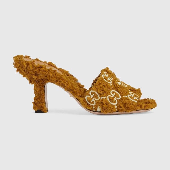 x Adidas Heeled Logo Slide Shearling Sandals in Brown