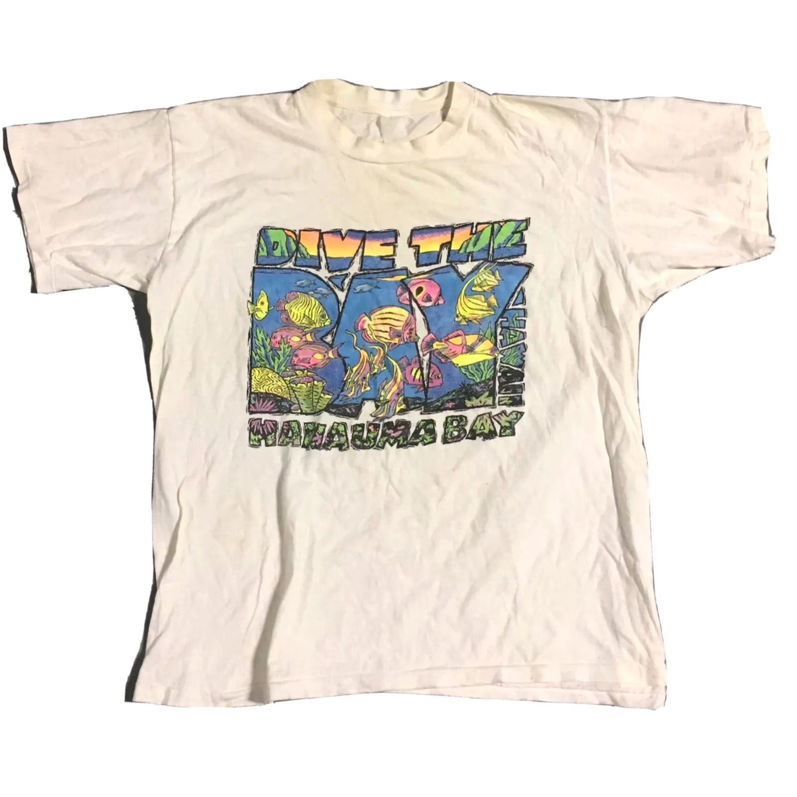 Vintage Vintage Dive Hanauma Bay Hawaii Neon Graphics Tee Single Stitch L XL 80s 90s Mens White Cotton Graphic Tee Beachwear Sportswear Mar9 Size US L / EU 52-54 / 3 - 2 Thumbnail
