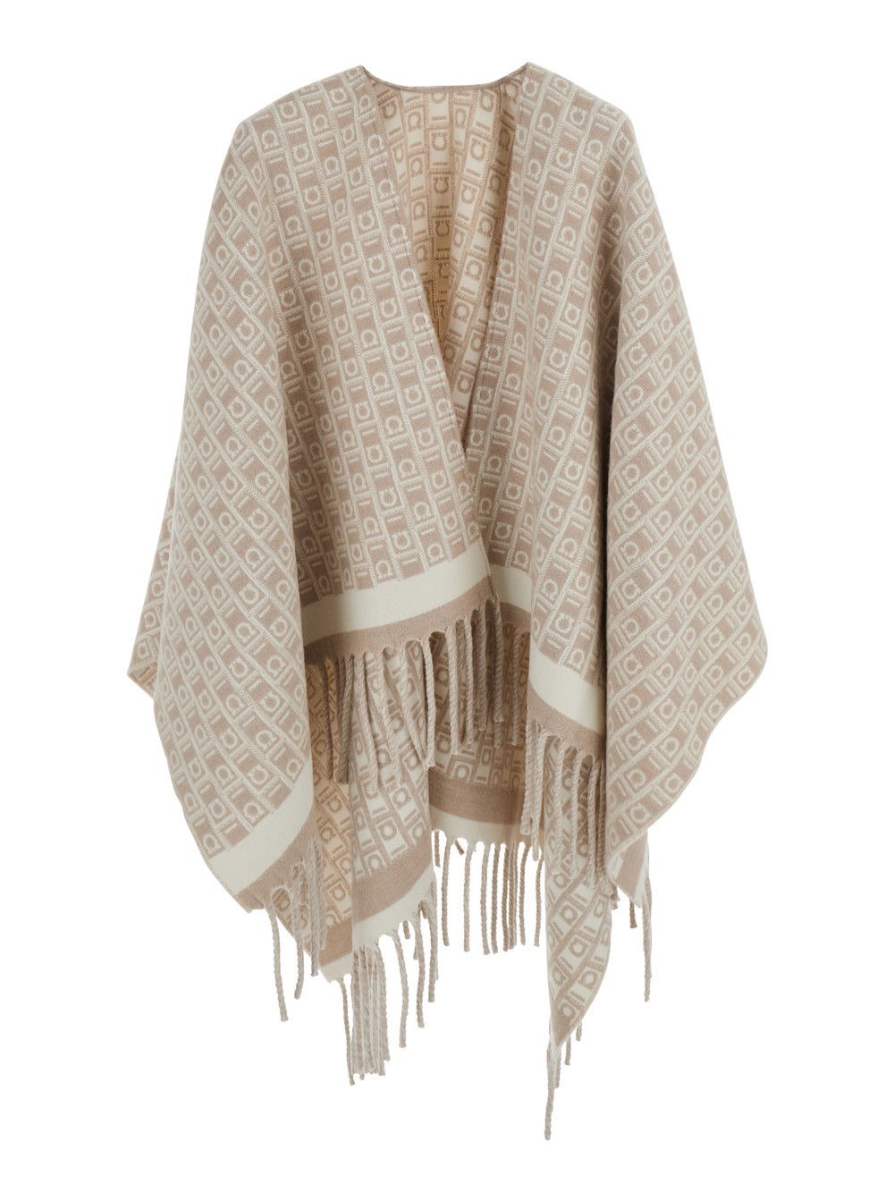 Salvatore Ferragamo Beige Cape with Frayed Hem and All-Over Gancini Embroidery in Wool for Women Size M / US 6-8 / IT 42-44 - 1 Thumbnail