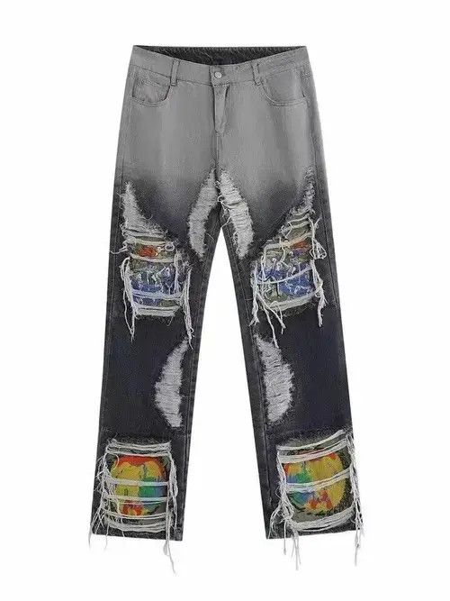 Jean Embroidered Loose Straight Leg Ripped Jeans Size US 35 - 5 Thumbnail