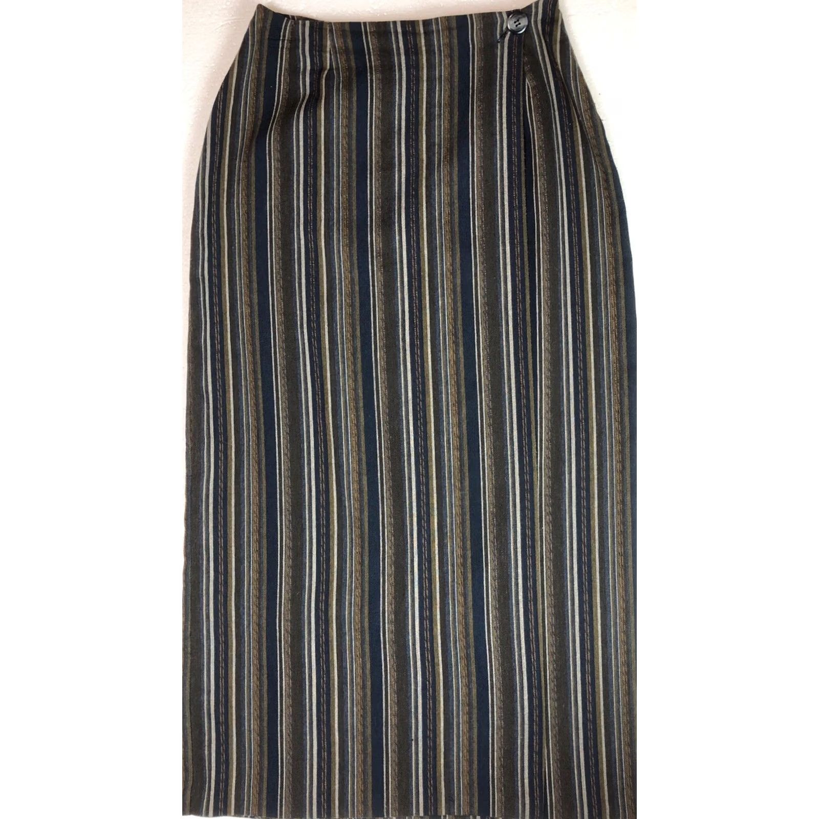 Express Express Wrap Skirt M Olive/Navy Stripe 26”W Wool Italy Career Boho Hippie Grunge Size 32" / US 10 / IT 46 - 6 Thumbnail