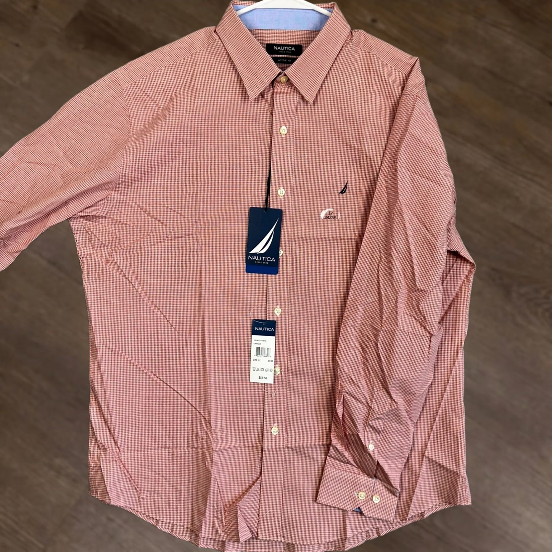 Nautica Nautica Shirt Mens Active Fit Button-Up Orange White Plaid Gingham Checkered Classic Preppy 100% Cotton Long Sleeve Button Navy? Size 46R - 1 Thumbnail