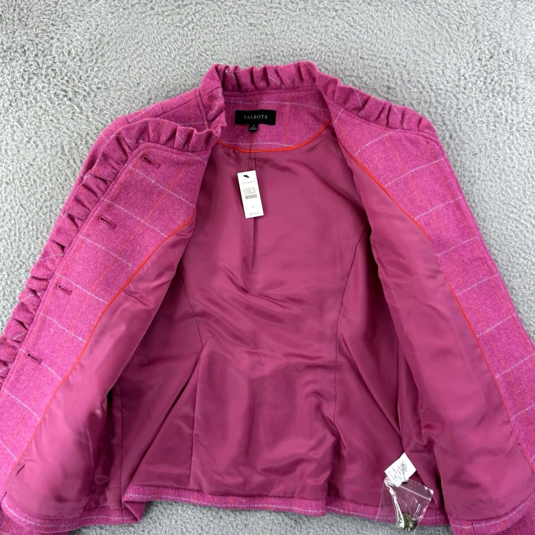 Talbots Talbots Blazer Jacket Women's 4 Pink Wool Blend Check Ruffle Preppy NWT Business Short Sleeve Coat Size S / US 4 / IT 40 - 6 Thumbnail