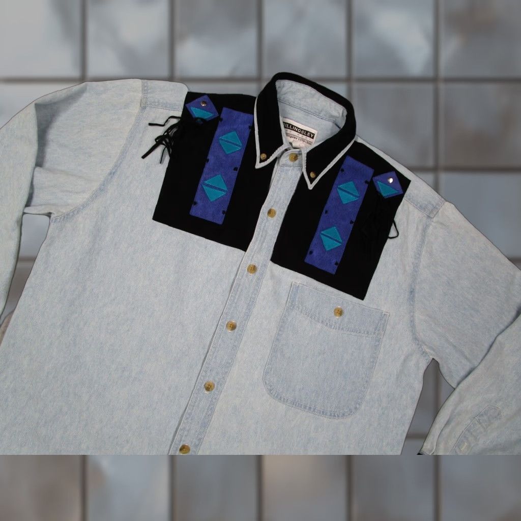 Denime Vintage Sue Billingsley Shirt Mens Medium Blue Denim Button Up Western Rancher Size US M / EU 48-50 / 2 - 1 Thumbnail