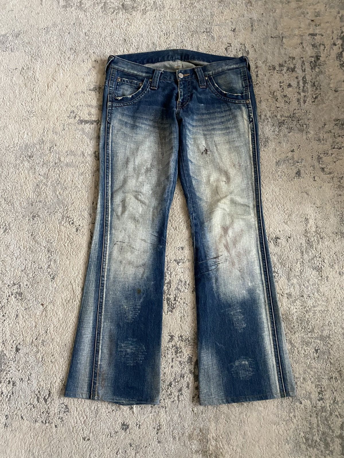 Tornado Mart Washed Oil Stain Flare Denim Size US 35 - 1 Thumbnail