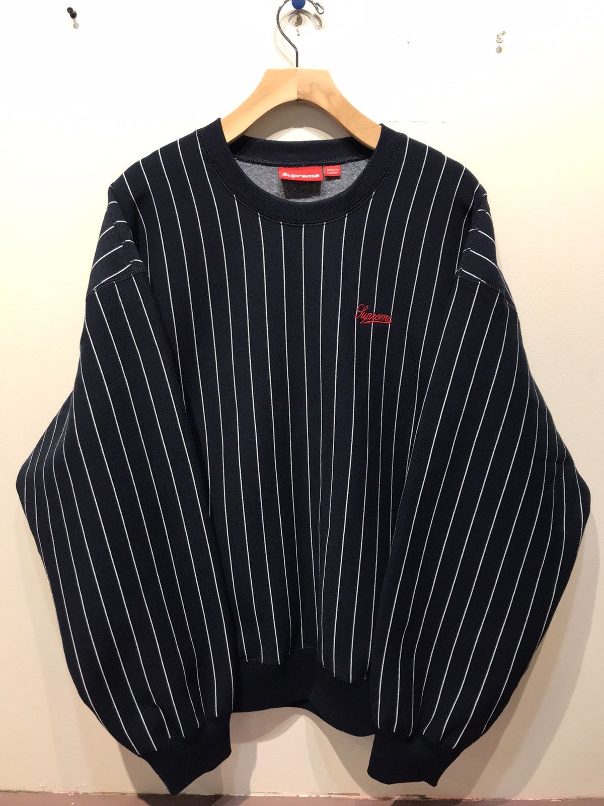 image of Hype x Supreme Ss24 Deadstock Supreme Embroidered Pin Stripe Sweatshirt in Navy, Men's (Size XL)