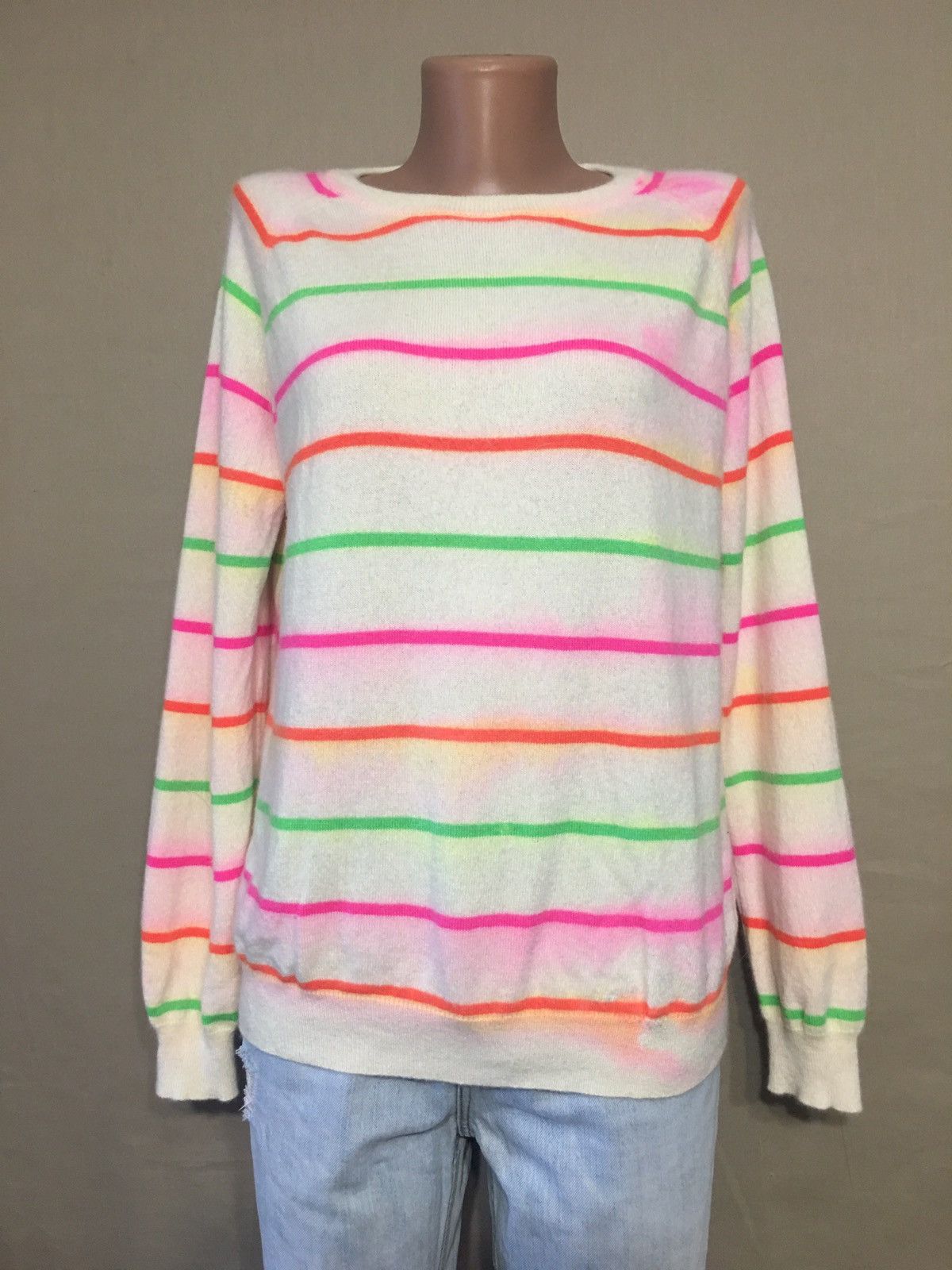 GUSSY and LOU Cream Multi Neon Stripes Cashmere Sweater M