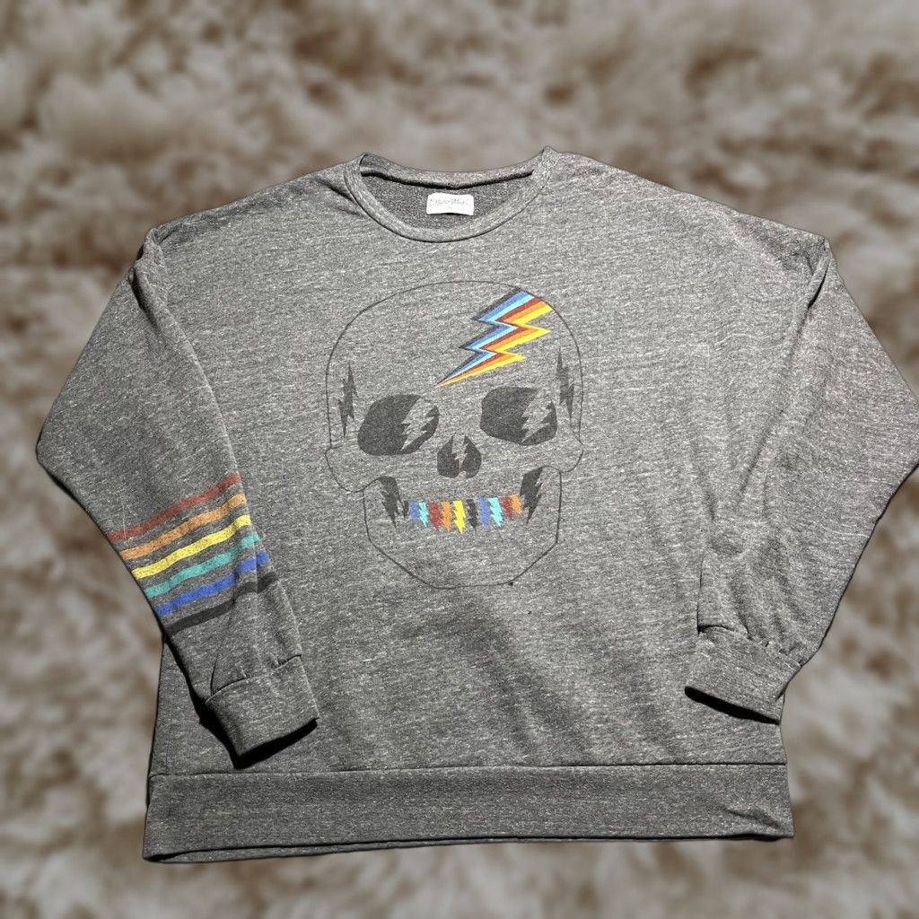 Lauren Moshi Sweatshirt Women XS Pullover Rainbow Electric Skull Gray USA