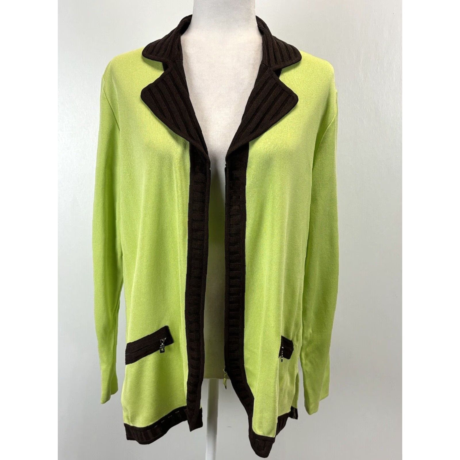 Vintage Exclusively Misook Women's Large Green Ribbed V-Neck Cardigan Acrylic Knit Size L / US 10 / IT 46 - 7 Thumbnail