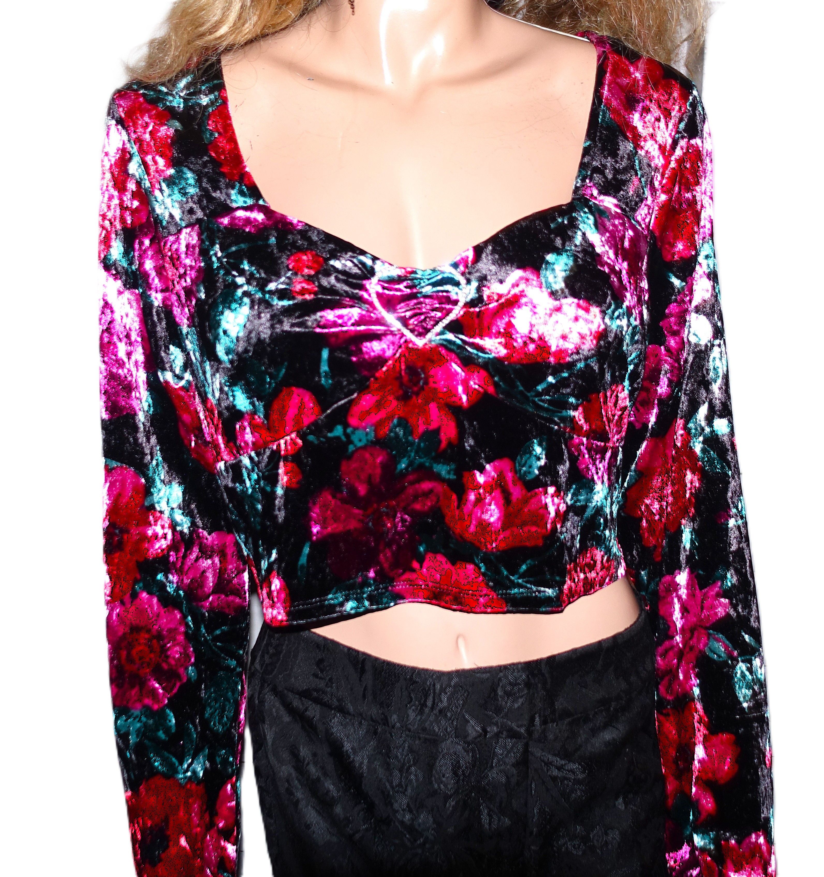 Madden NYC Madden NYC Red Floral Velvet Cropped Blouse XXL Size XXL / US 16-18 / IT 52-54 - 3 Thumbnail