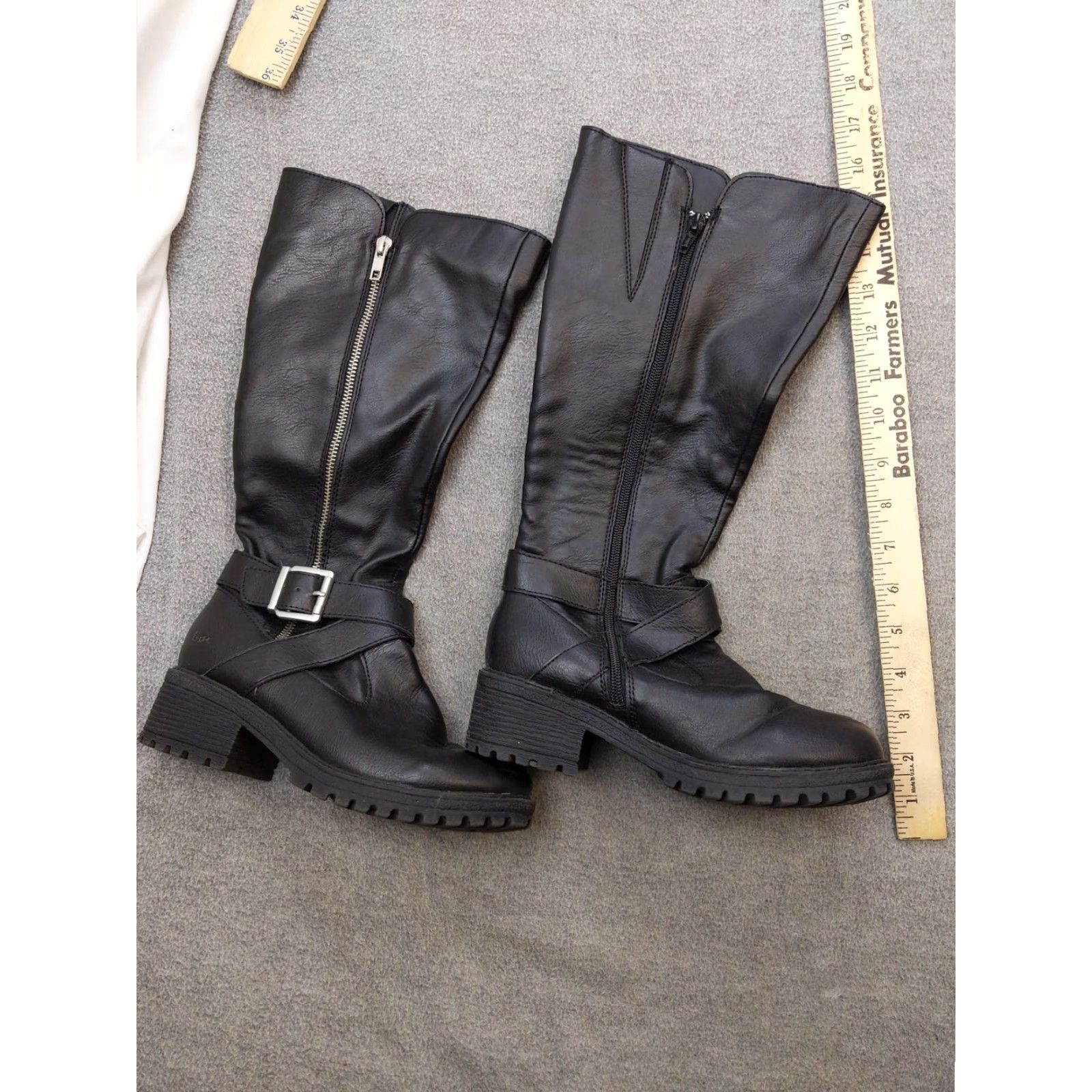 Vintage B.o.c Boots Womens 6 Black Knee High Zip Buckle Lug Sole Riding Moto Block Heel Mid-Calf Zipper Size US 6 / IT 36 - 3 Thumbnail