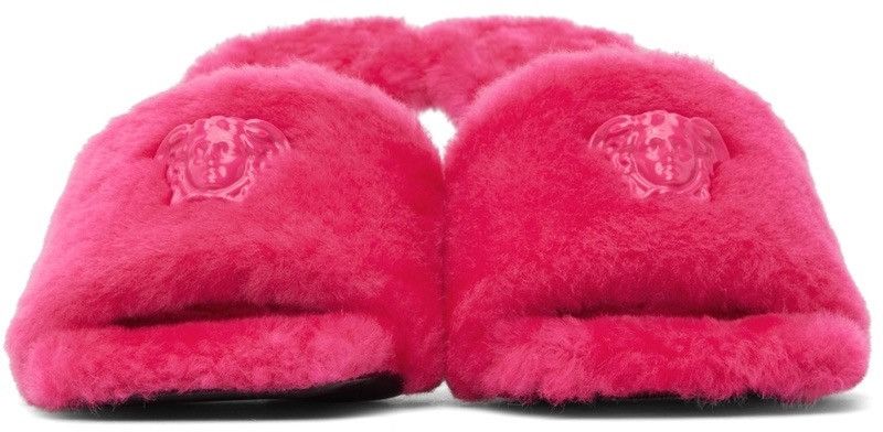 Versace Versace Pink Shearling 'La Medusa' Heeled Sandals Size US 8 / IT 38 - 2 Thumbnail