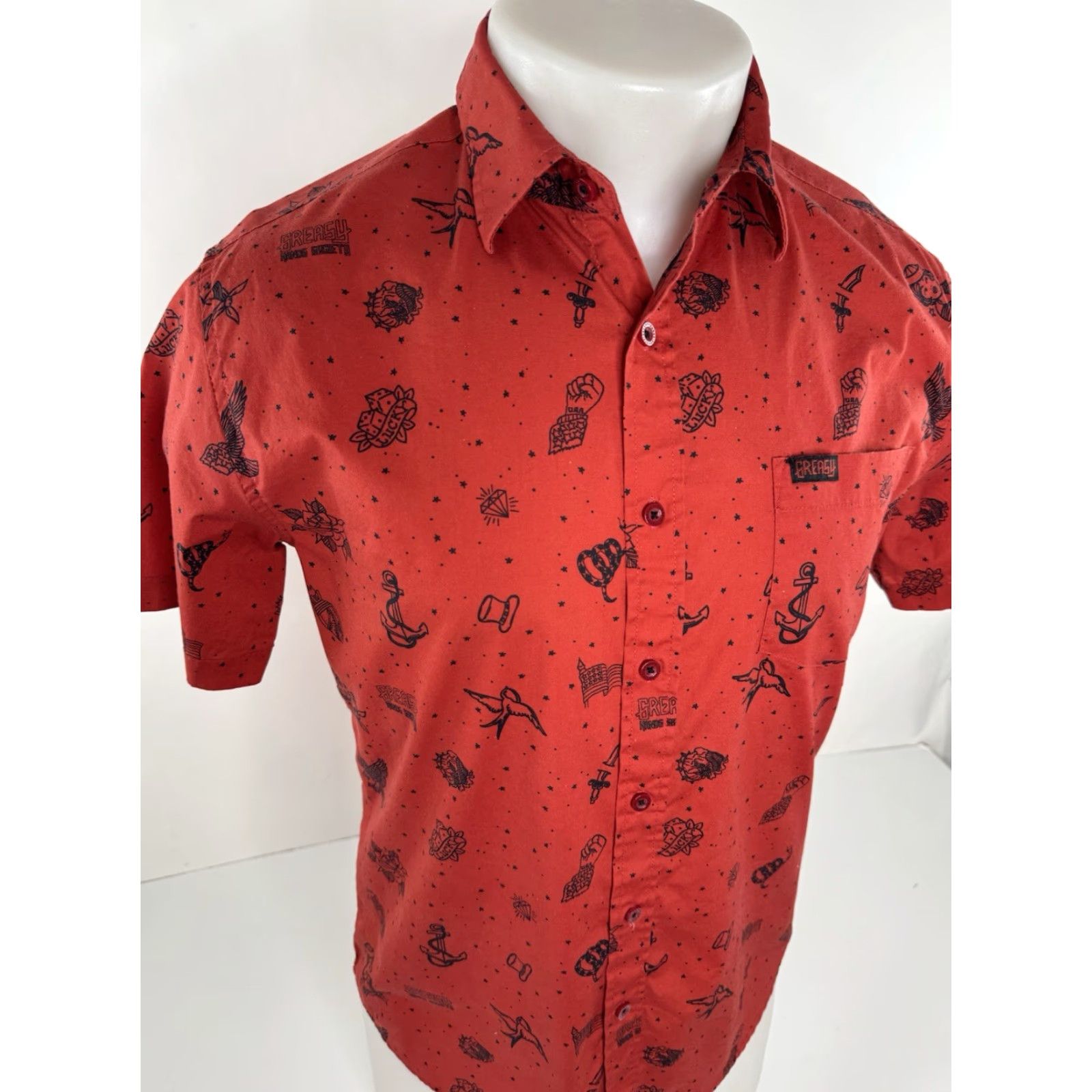 Vintage GREASY HANDS SOCIETY 1776 Tattoo Print Mens S Shirt Top Short Sleeve Red 90s Style DBT Size US S / EU 44-46 / 1 - 2 Thumbnail