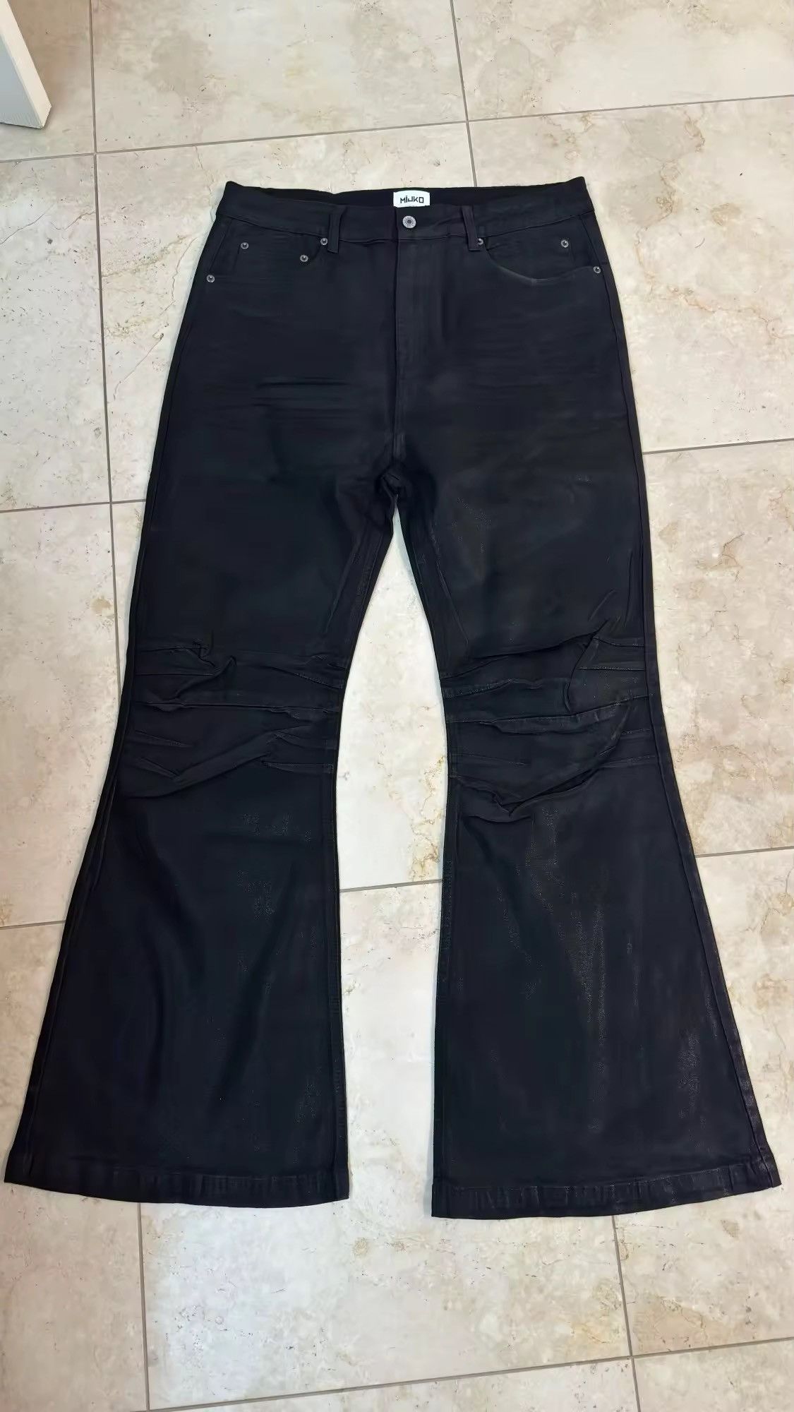 Japanese Brand × Jean Y2K Streetwear Black Glue Coated Boot Cut Flare Jean Size US 31 - 11 Thumbnail