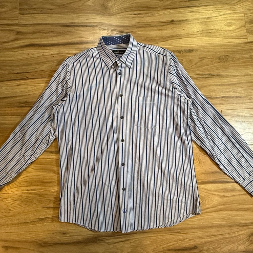 WISDOM Bugatchi Uomo Striped Button Up Shirt Blue White L Size 38L - 1 Thumbnail