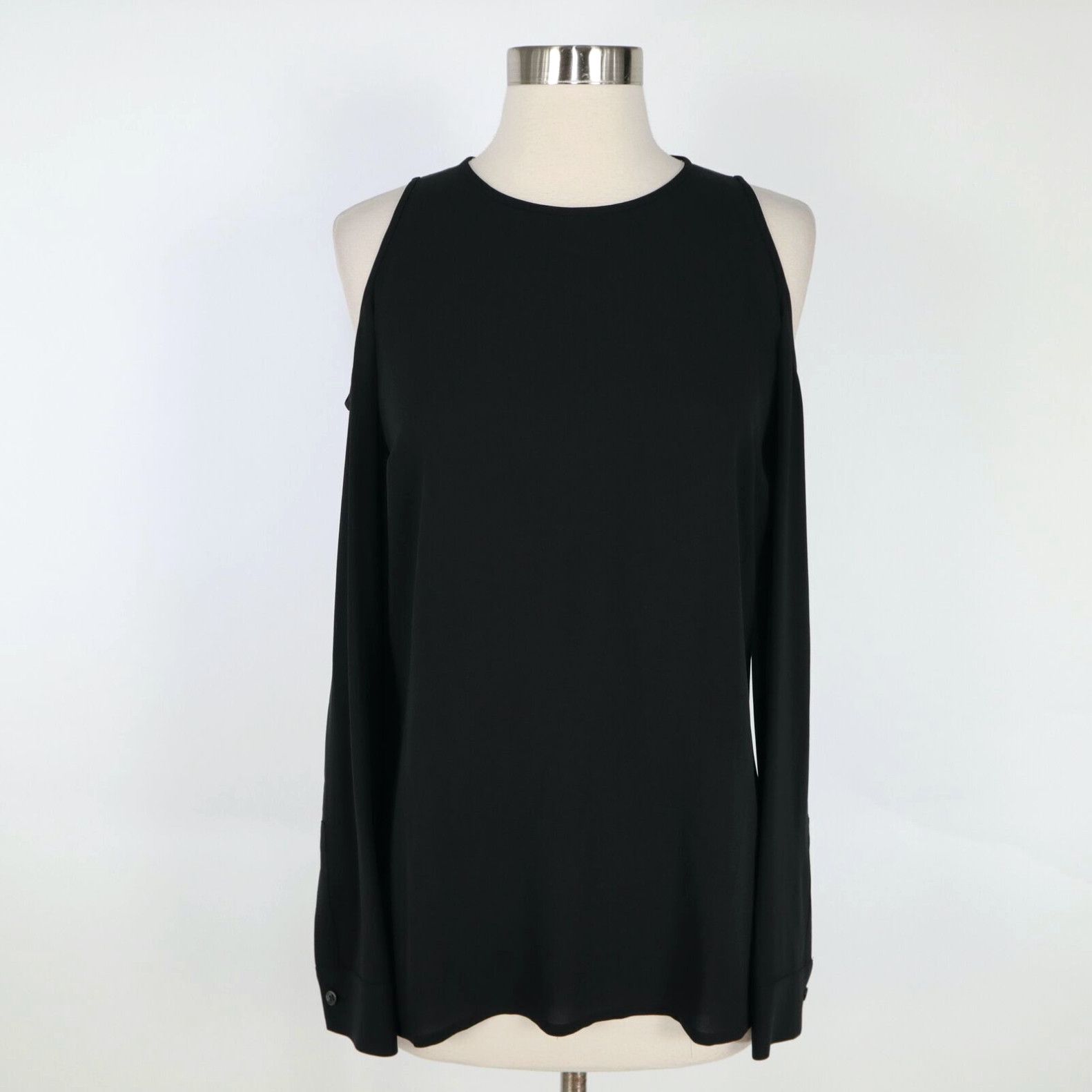 Image of Michael Kors Collection Silk Blouse Top Womens 2 Black Cold Shoulder Cut Out in White (Size XS)