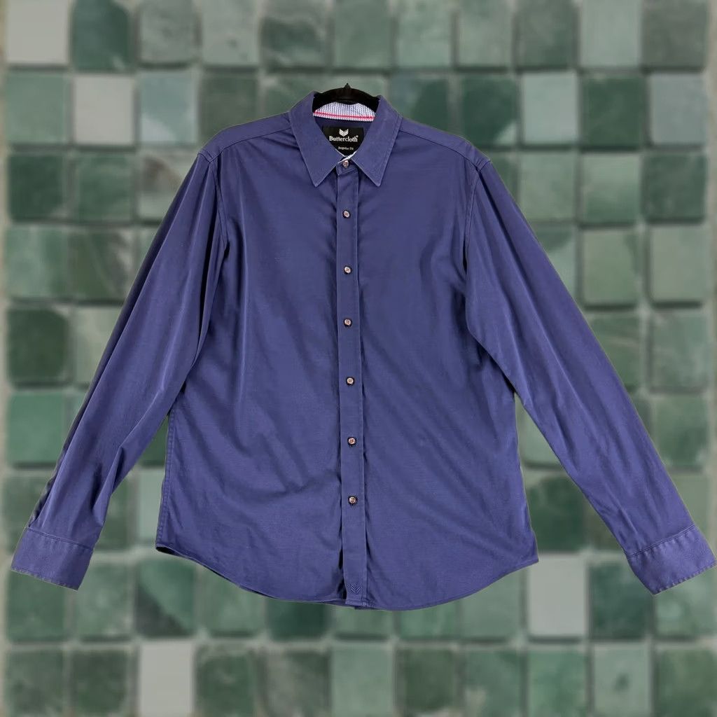 Vintage Buttercloth Button-Up Shirt Men L Blue Long Sleeve Knit Regular Fit Cotton Size US L / EU 52-54 / 3 - 1 Thumbnail