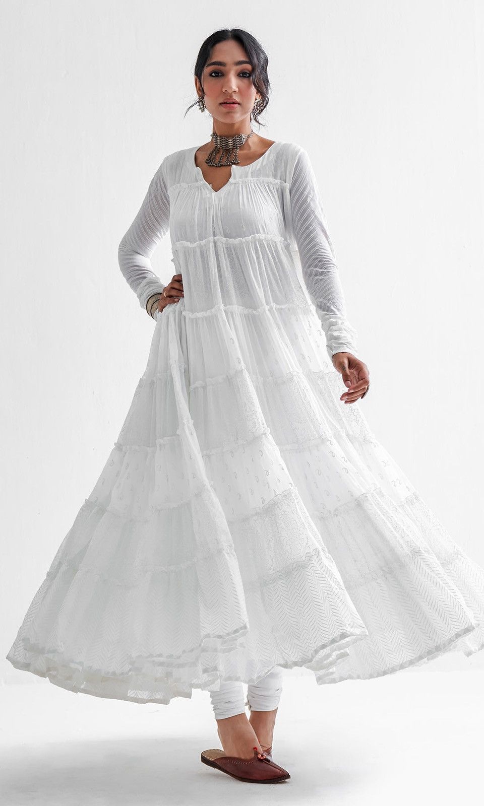Other Firdaus Khari white Block Printed Tiered Anarkali Size XL / US 12-14 / IT 48-50 - 3 Thumbnail