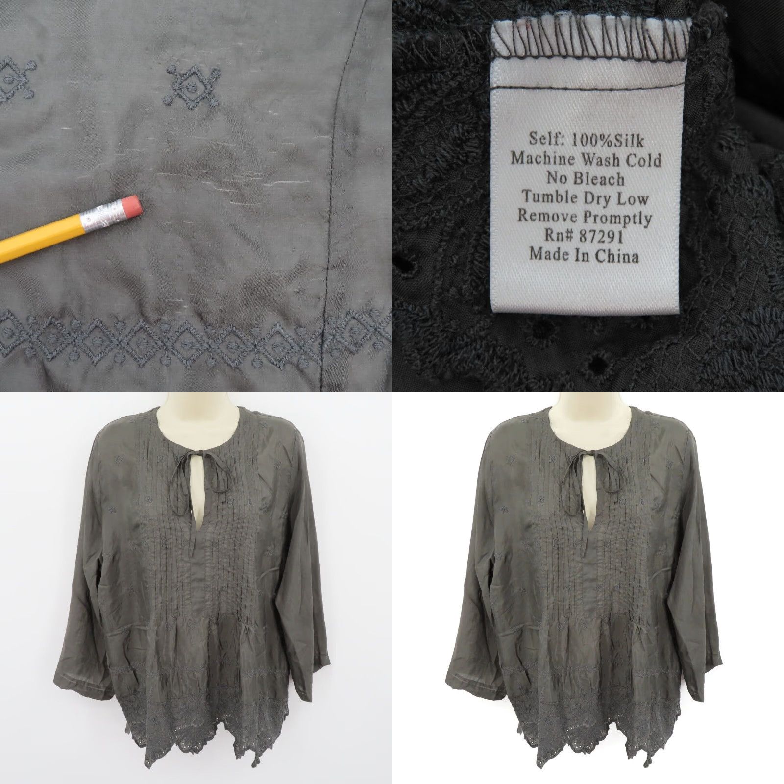 Johnny Was VINTAGE Johnny Was Women Blouse Shirt Top Embroidered Silk Gray M Medium Keyhole Casual Formal Workwear Size M / US 6-8 / IT 42-44 - 9 Thumbnail