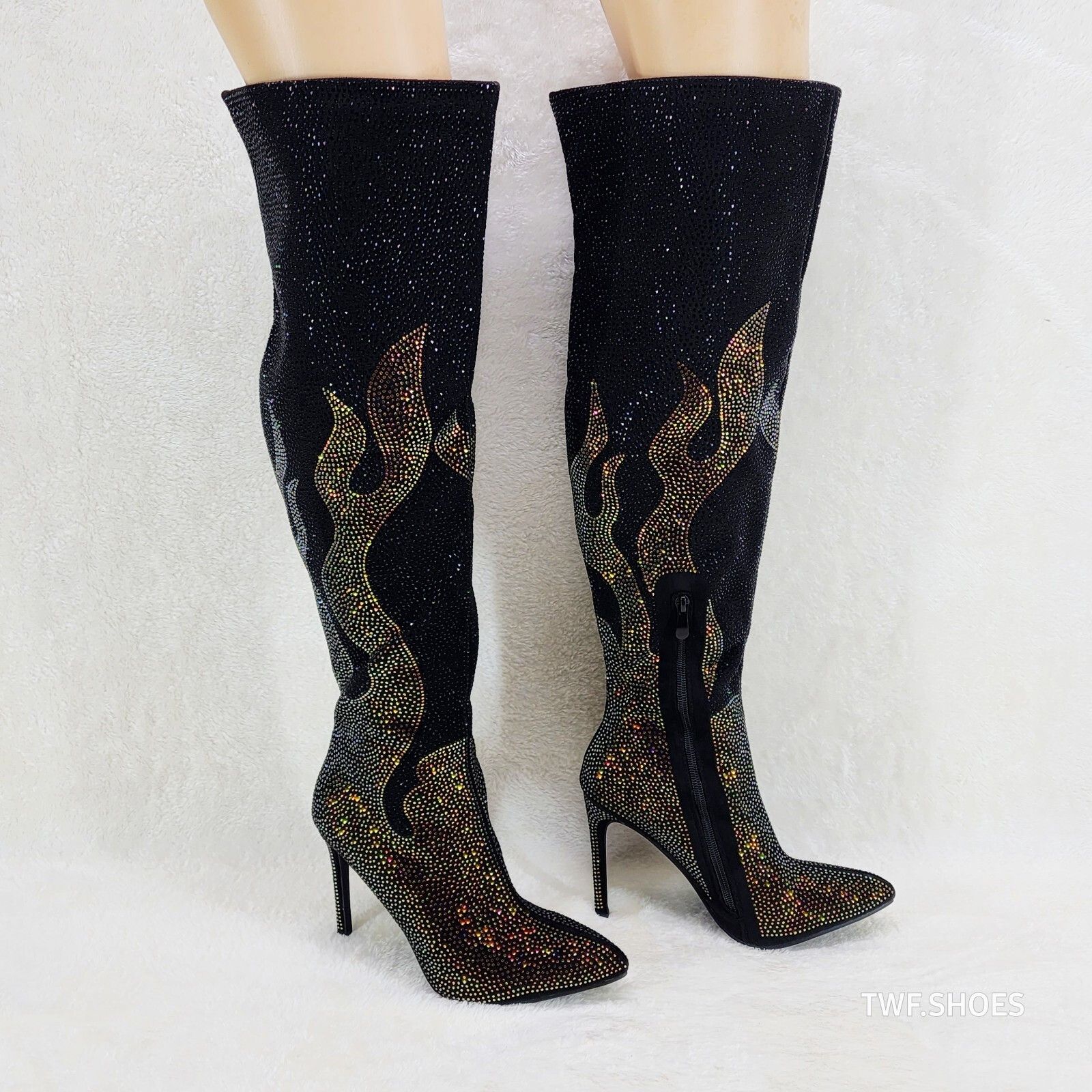 Other Like It Hot Black Rhinestone Flame Detail Sexy OTK High Heel Size US 11 / IT 41 - 6 Thumbnail