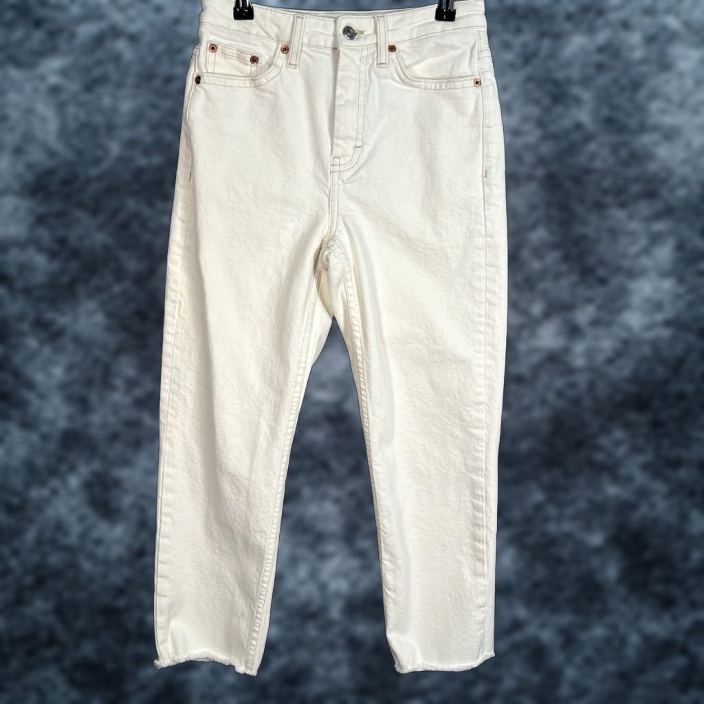 Topshop VINTAGE Topshop Jeans Adult Womens 26 x 23 White Denim Raw Hem Straight Womens Size 26" / US 2 / IT 38 - 1 Thumbnail