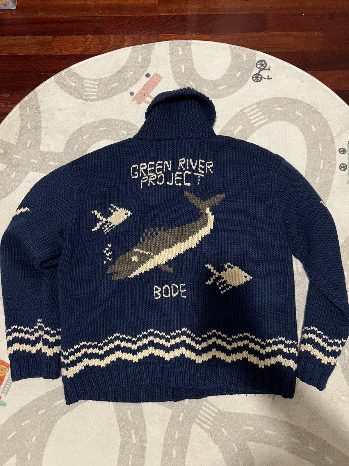 Bode BODE river fish wool and mohair shawl cardigan. $1,200.00. Size US L / EU 52-54 / 3 - 3 Thumbnail