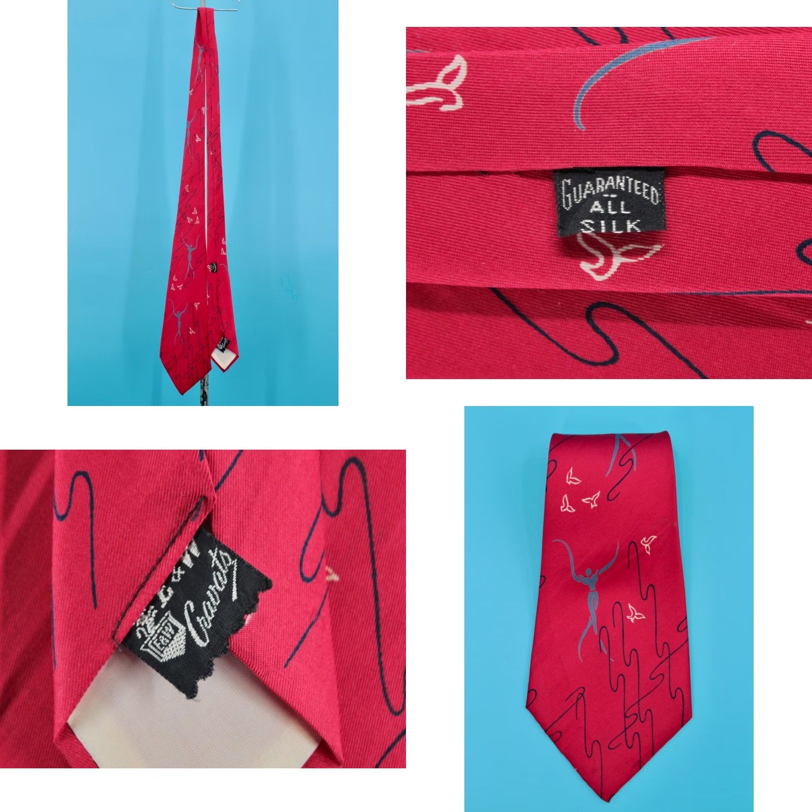Vintage VTG E&W 1940s Red Necktie Silk Tie / Abstract Human Figures / 54.5" L 4.5" W / Original / Men Size ONE SIZE - 8 Thumbnail