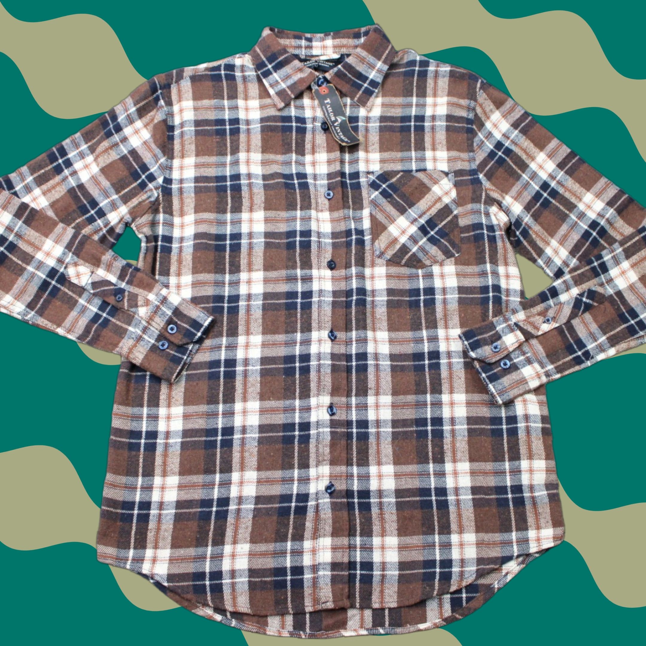 Vintage Tailor Vintage Shirt Mens Medium Brown/Blue Plaid Flannel Button-Up Long Sleeve NWT Casual Workwear Size US M / EU 48-50 / 2 - 1 Thumbnail