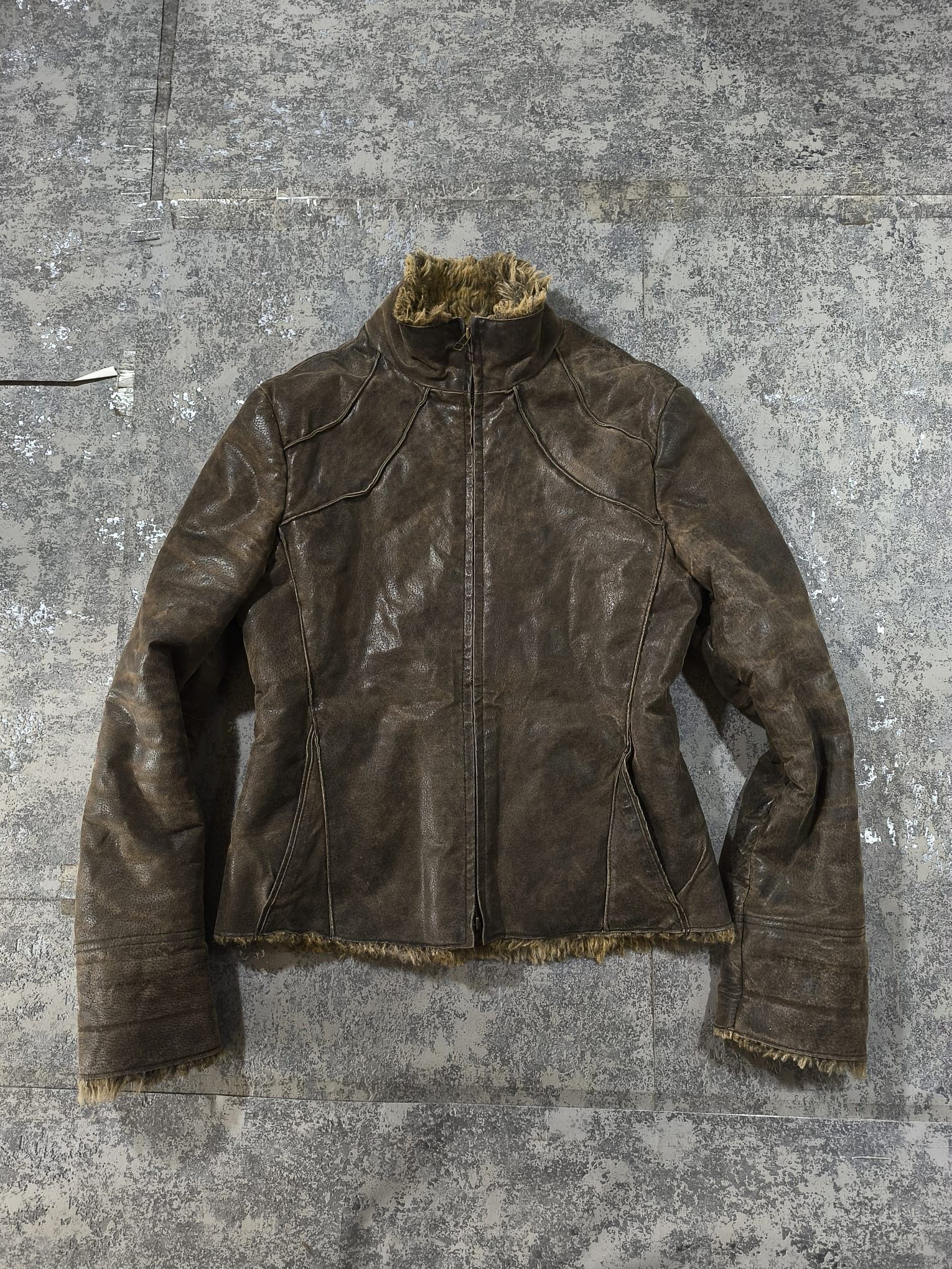 Genuine Leather moto highcollar distressed pigskin leather fauxfur jacket Size M / US 6-8 / IT 42-44 - 12 Thumbnail