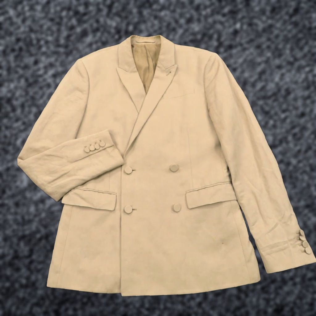 VINTAGE AllSaints Blazer 36R Jacket Mens Double-Breasted Linen Cotton Tan Beige 4-Button Peak Lapel Suits Coat Solid