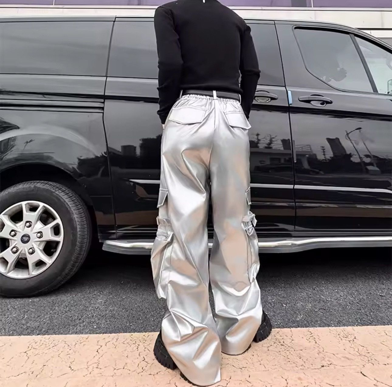 Other Streetwear Silver Loose Leather Hip Hop Pockets Pants Size US 33 - 3 Thumbnail
