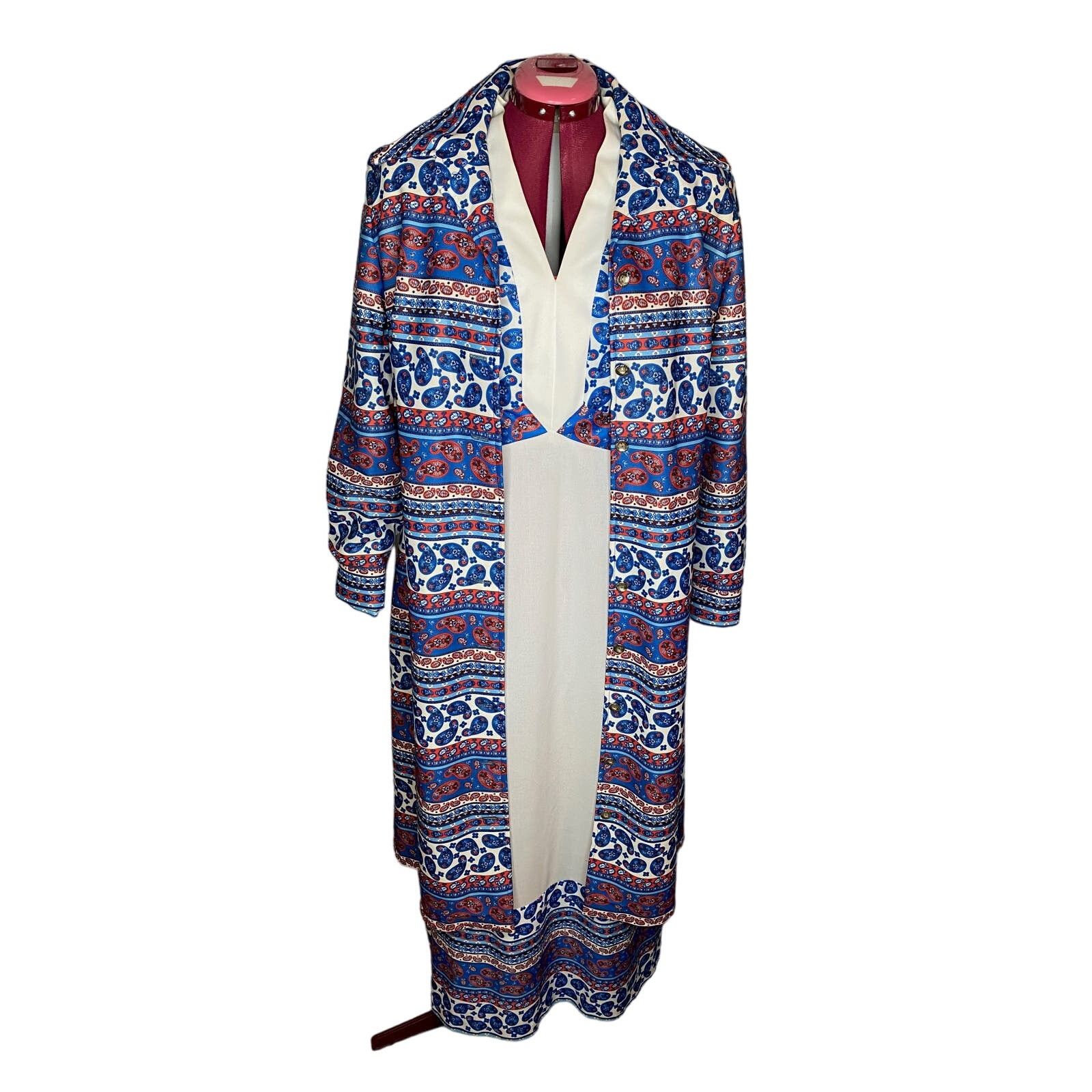 Vintage maxi dress with patterned yoke boho with coat white blue red Size XXL / US 16-18 / IT 52-54 - 1 Thumbnail