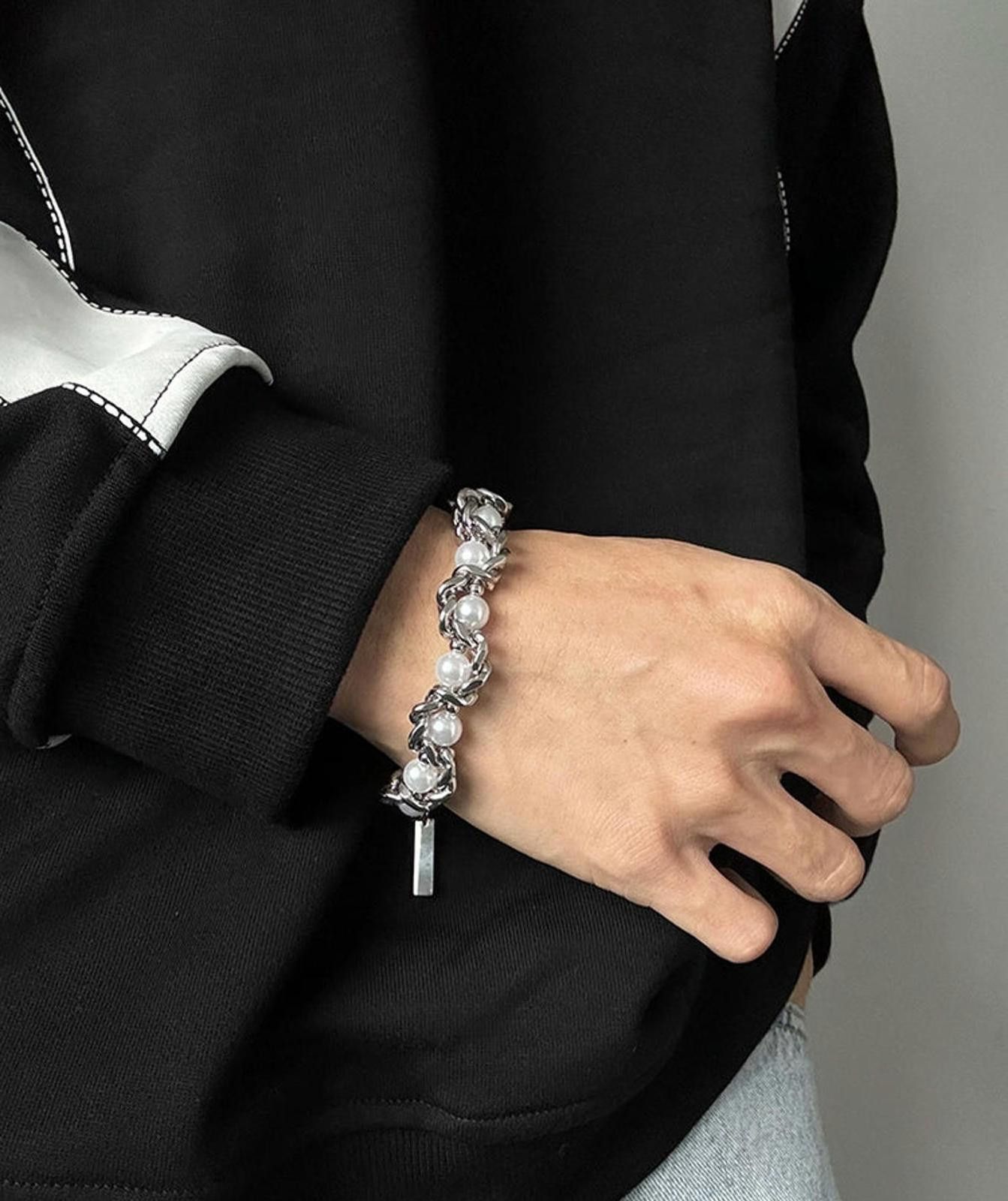 Jewelry Silver Pearl Accent Chain Link Bracelet, Men's Jewelry Size ONE SIZE - 1 Thumbnail