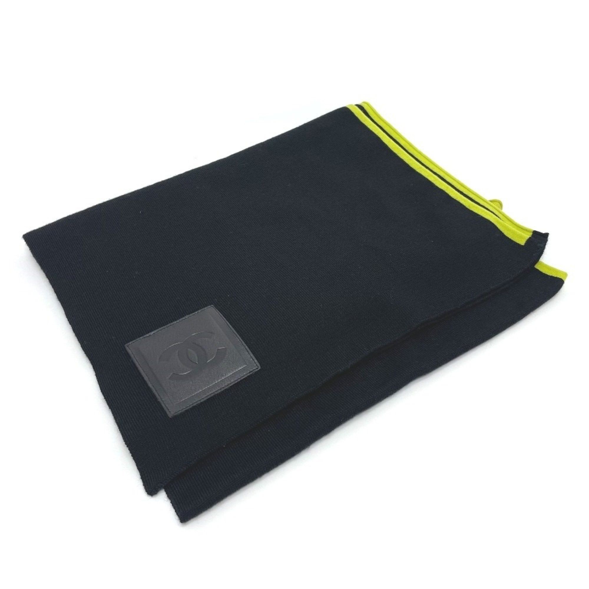 CHANEL Sport CC Coco Mark Scarf Wool/Cashmere Unisex Black/Fluorescent Green