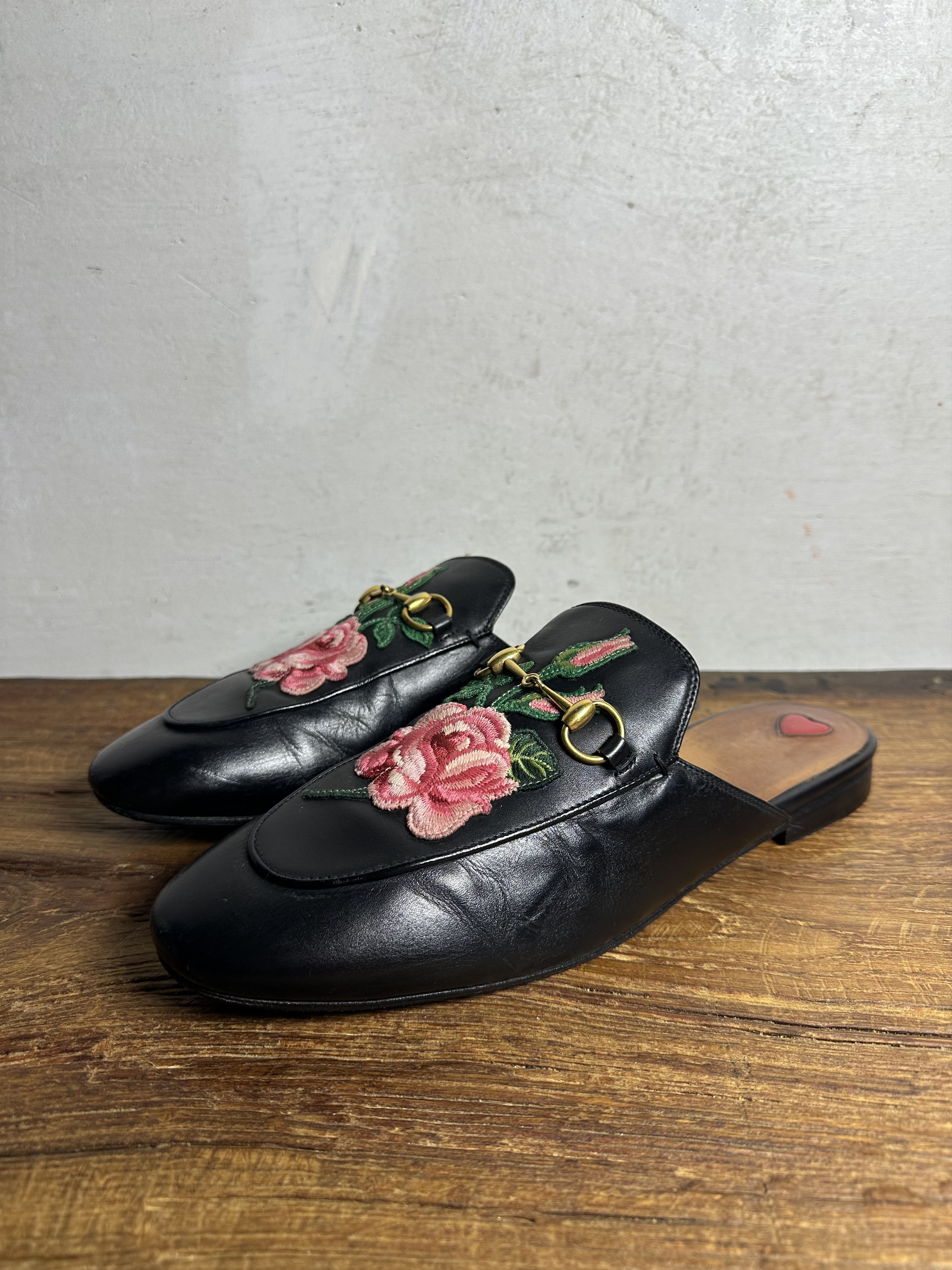 Gucci GUCCI Rose Embroidered Princetown Horsebit Leather Mules Size US 10 / IT 40 - 2 Thumbnail