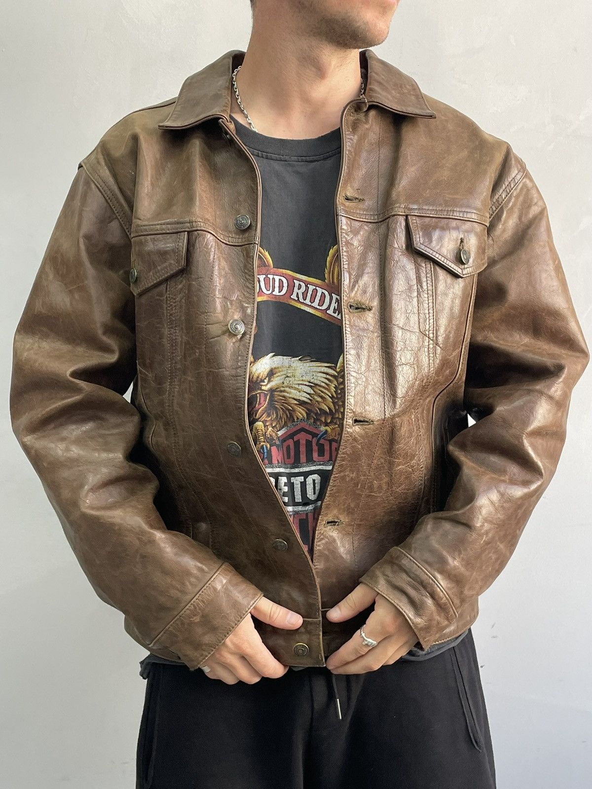 Gap Brown Trucker leather jacket Gap balenciaga style y2k Size US L / EU 52-54 / 3 - 2 Thumbnail