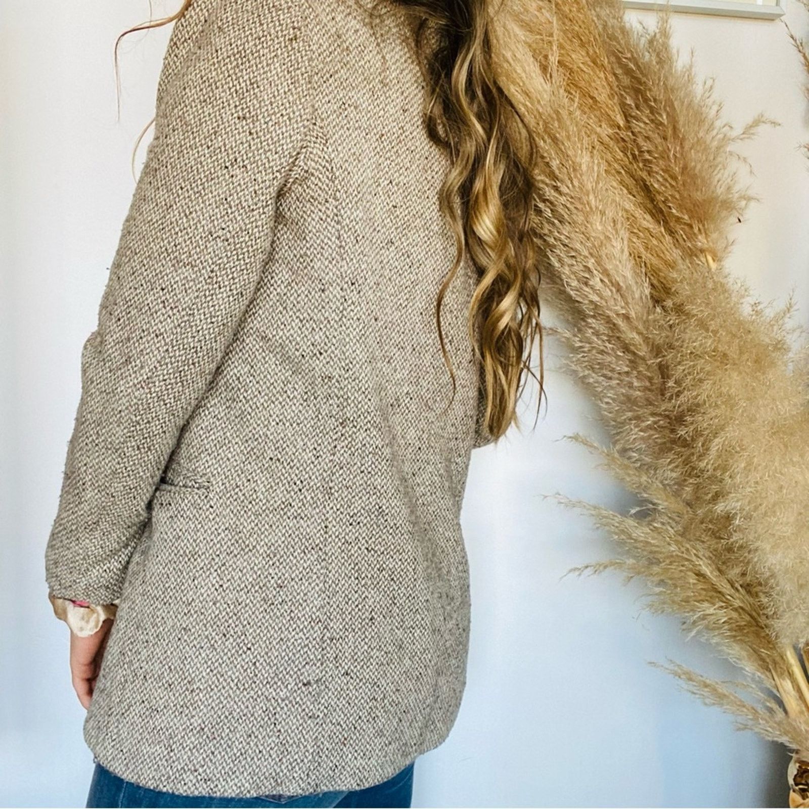 Vintage VINTAGE Cream White Brown Suede Tweed Blazer Button Jacket Size S / US 4 / IT 40 - 2 Thumbnail