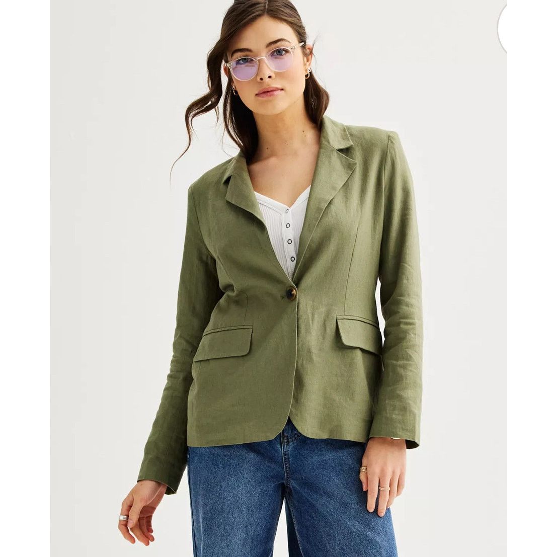 Express Express Women's Green Linen Blend Blazer Jacket Corpcore S Size S / US 4 / IT 40 - 1 Thumbnail