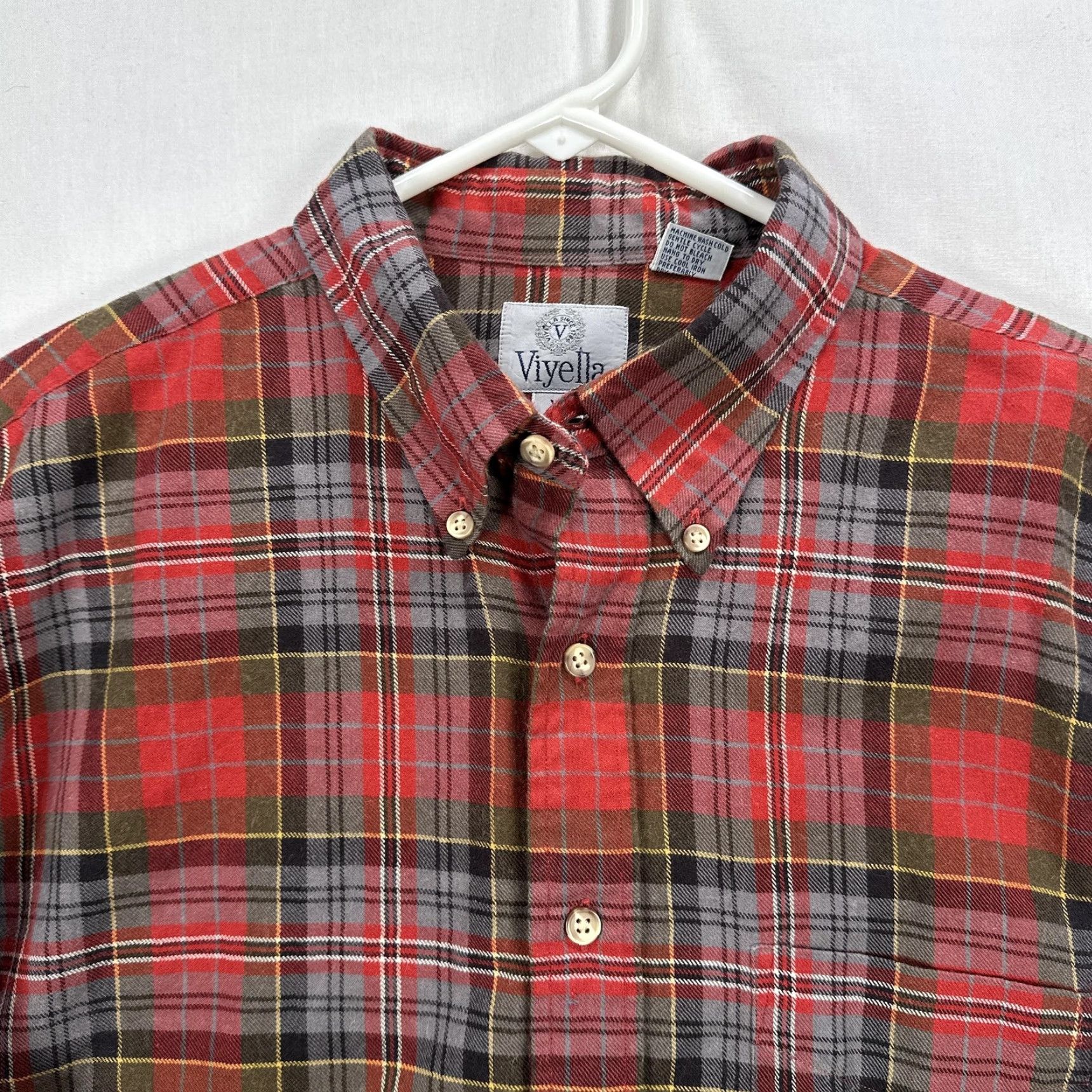 VINTAGE Viyella Flannel Shirt Mens XL Red Plaid Button-Down Wool Blend 90s