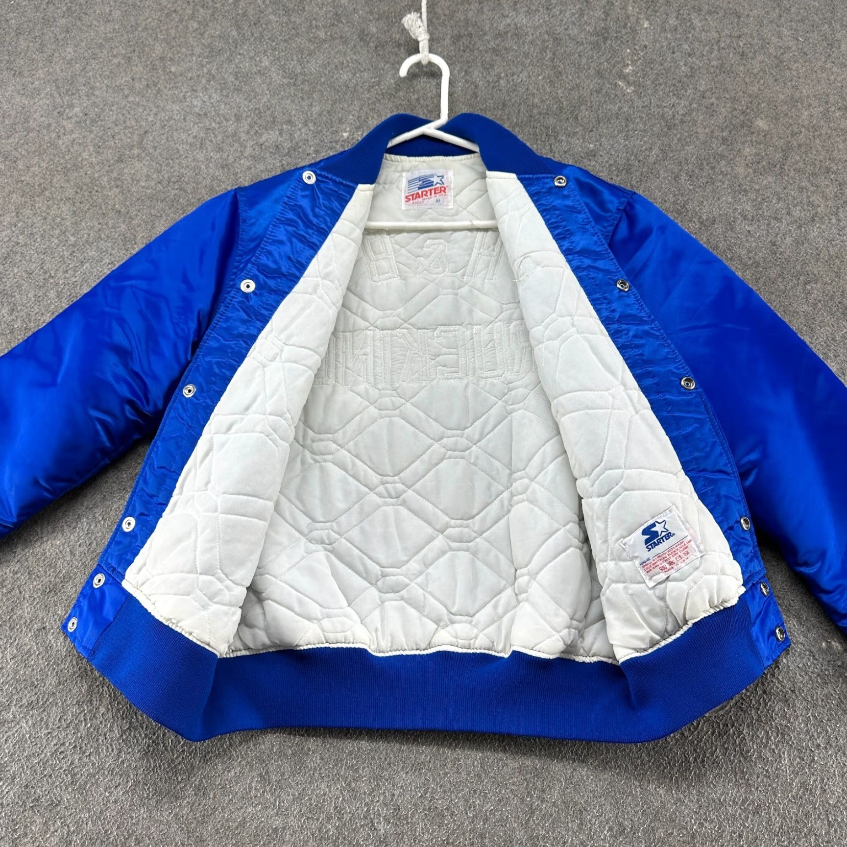 Starter VINTAGE Starter Jacket Mens M Blue Beige H&B Trucking Chainstitch Satin Rosina 90s Jacket, Varsity, Nylon, Button Snap, Regular Fit, Men Size US M / EU 48-50 / 2 - 5 Thumbnail