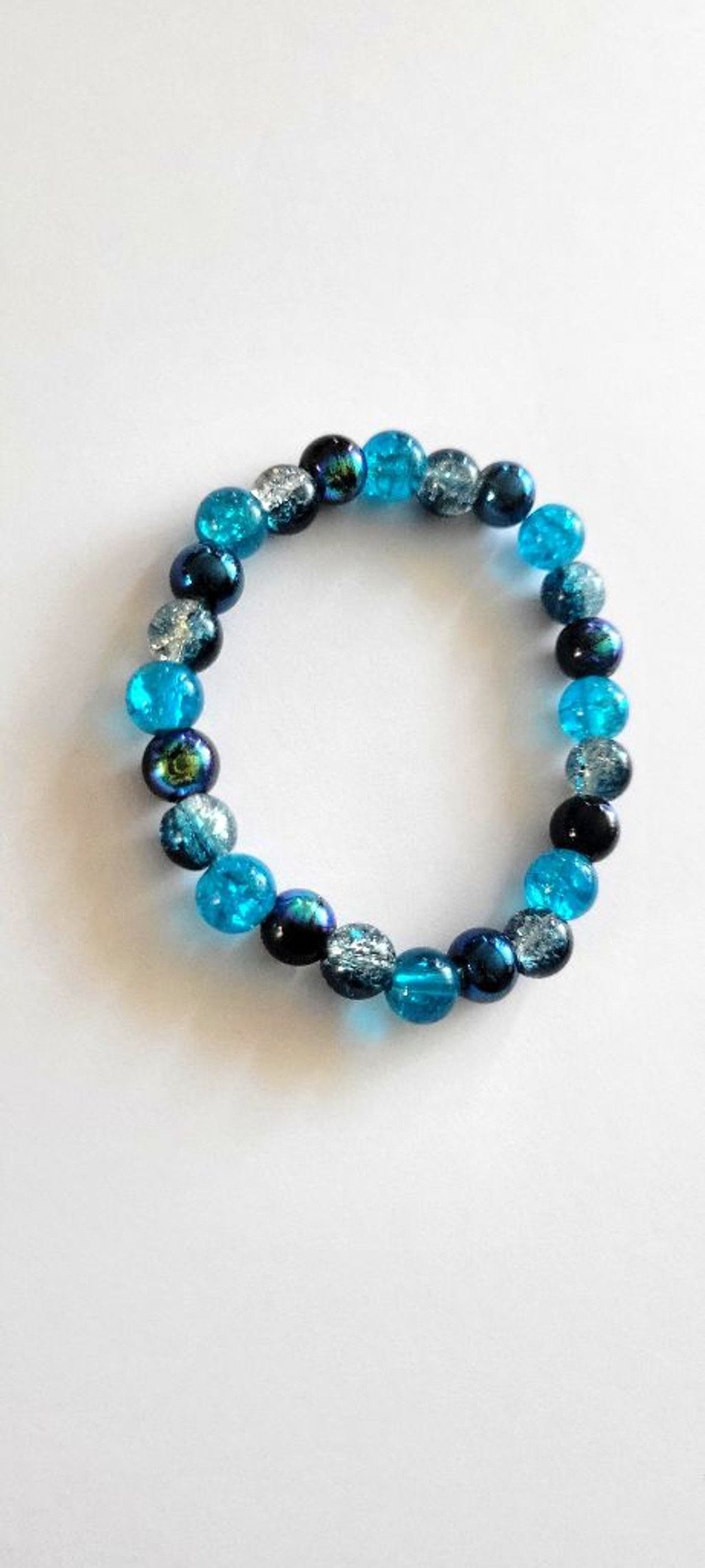 Handmade Aurora Borealis Blue 8mm Glass Beaded Stretch Bracelet 7" Size ONE SIZE - 5 Thumbnail