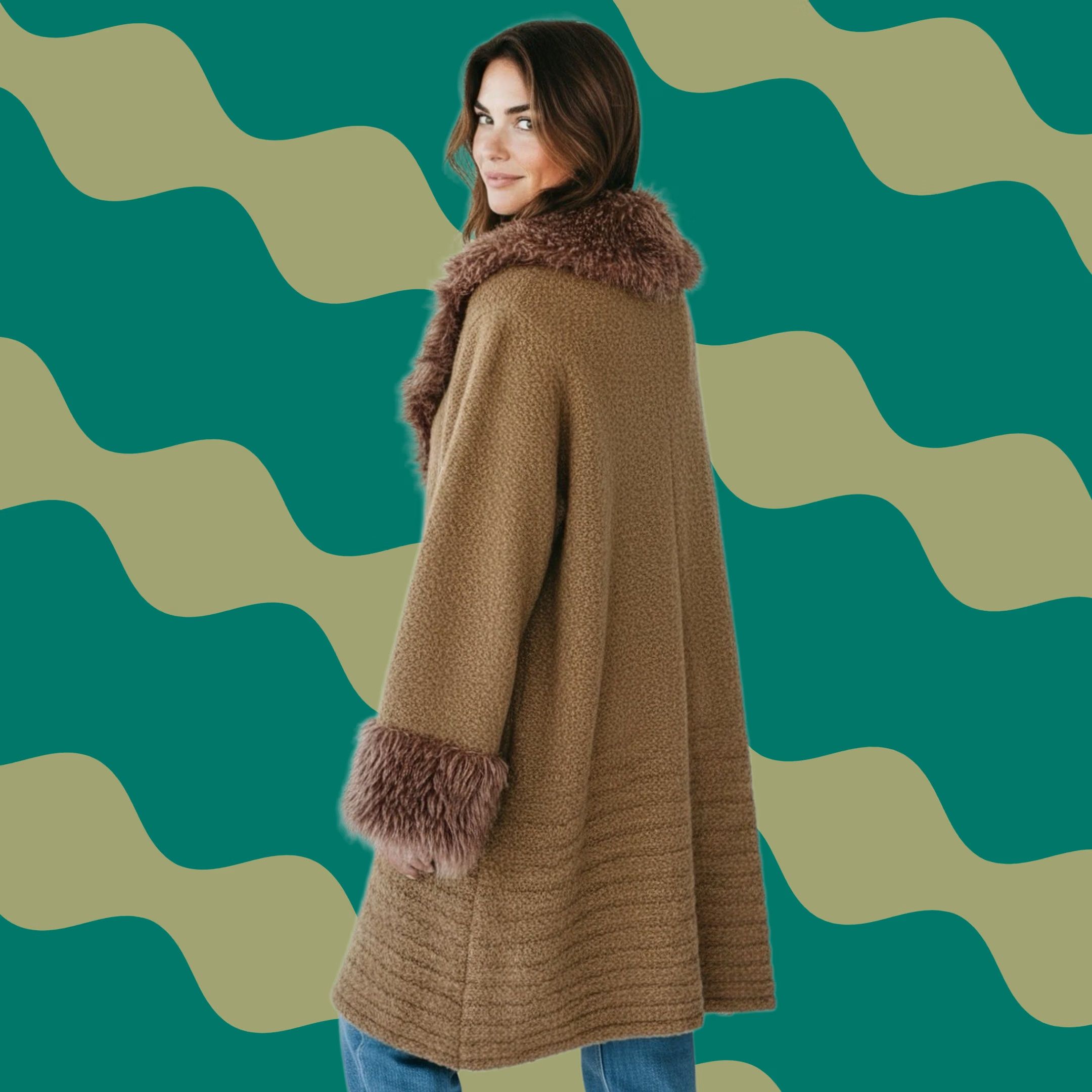 Vintage Noelle Women Cardigan Sweater OS Brown Linen Cashmere Blend Faux Fur Trim Open Front Size ONE SIZE - 1 Thumbnail