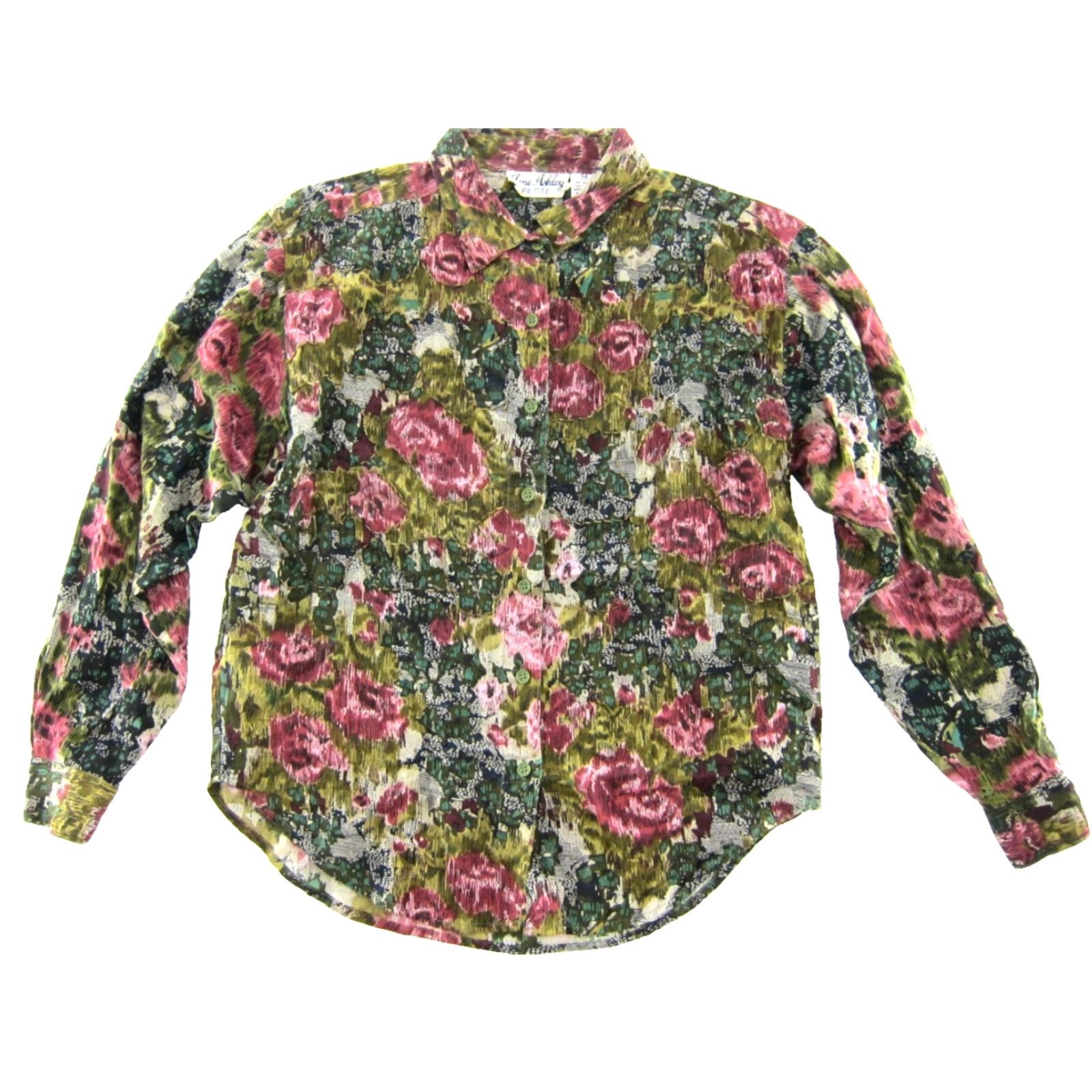 Pinko VTG Jane Ashley Blouse Pink Green Floral Long Sleeve Button Up Beaded Rayon PM Womens Vintage Blouse Size M / US 6-8 / IT 42-44 - 2 Thumbnail