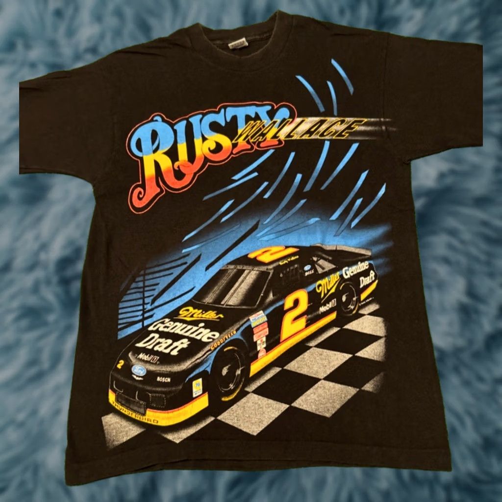 NASCAR VINTAGE NASCAR Rust Wallace All Over Print VTG Shirt Double Sided Mens Large XXL Black 90s Cars Sports Hip Hop 1990s Mens Shirts Size US XL / EU 56 / 4 - 1 Thumbnail